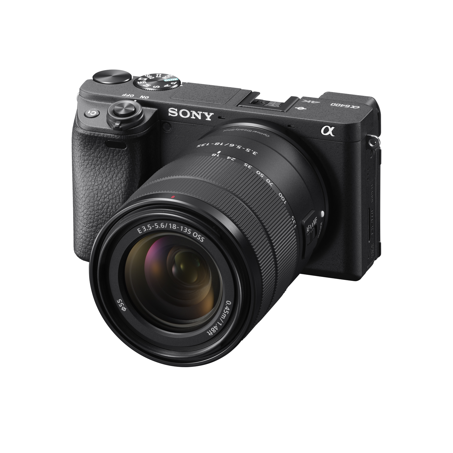 A black camera with a lens, the Sony brand, and a display screen.