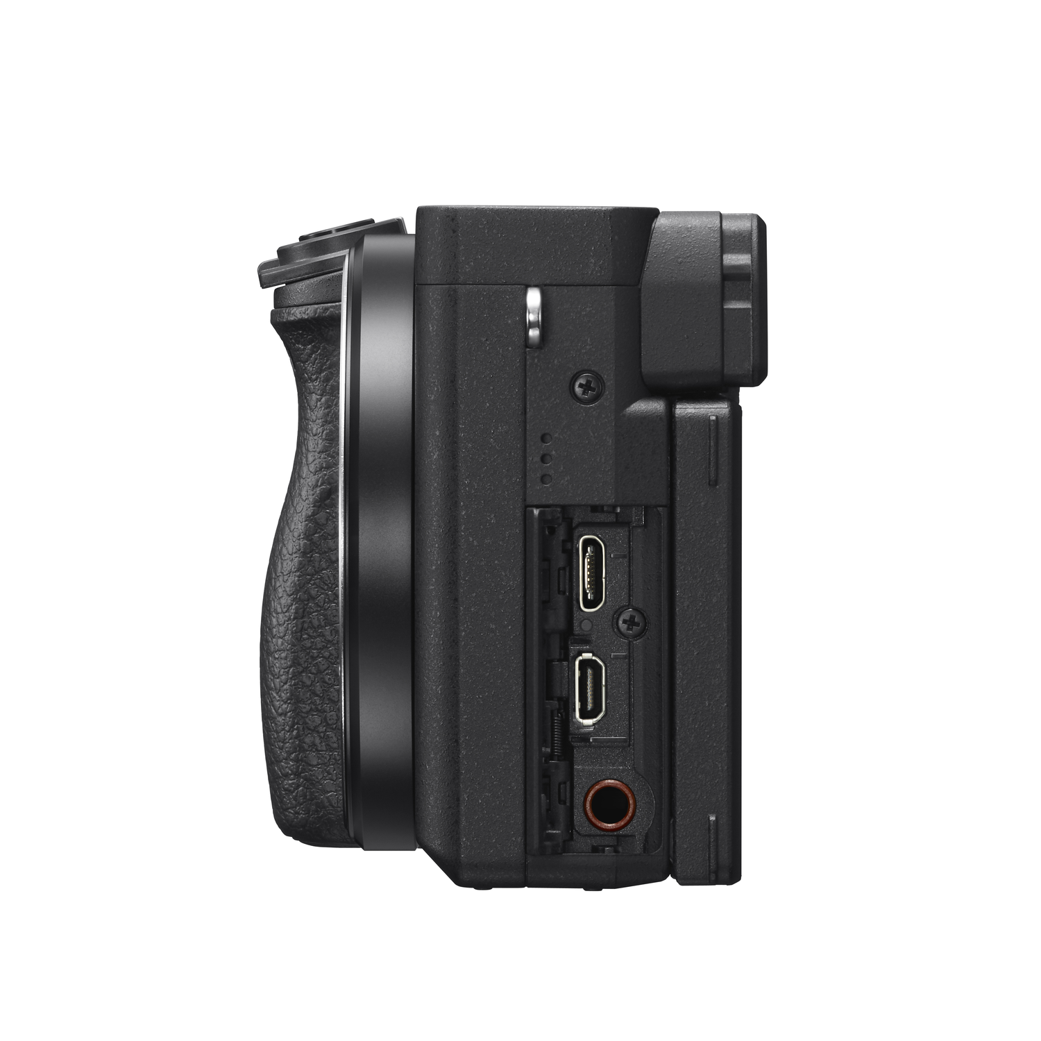 Black camera side view. There are ports on the side, and a grip on the left side.