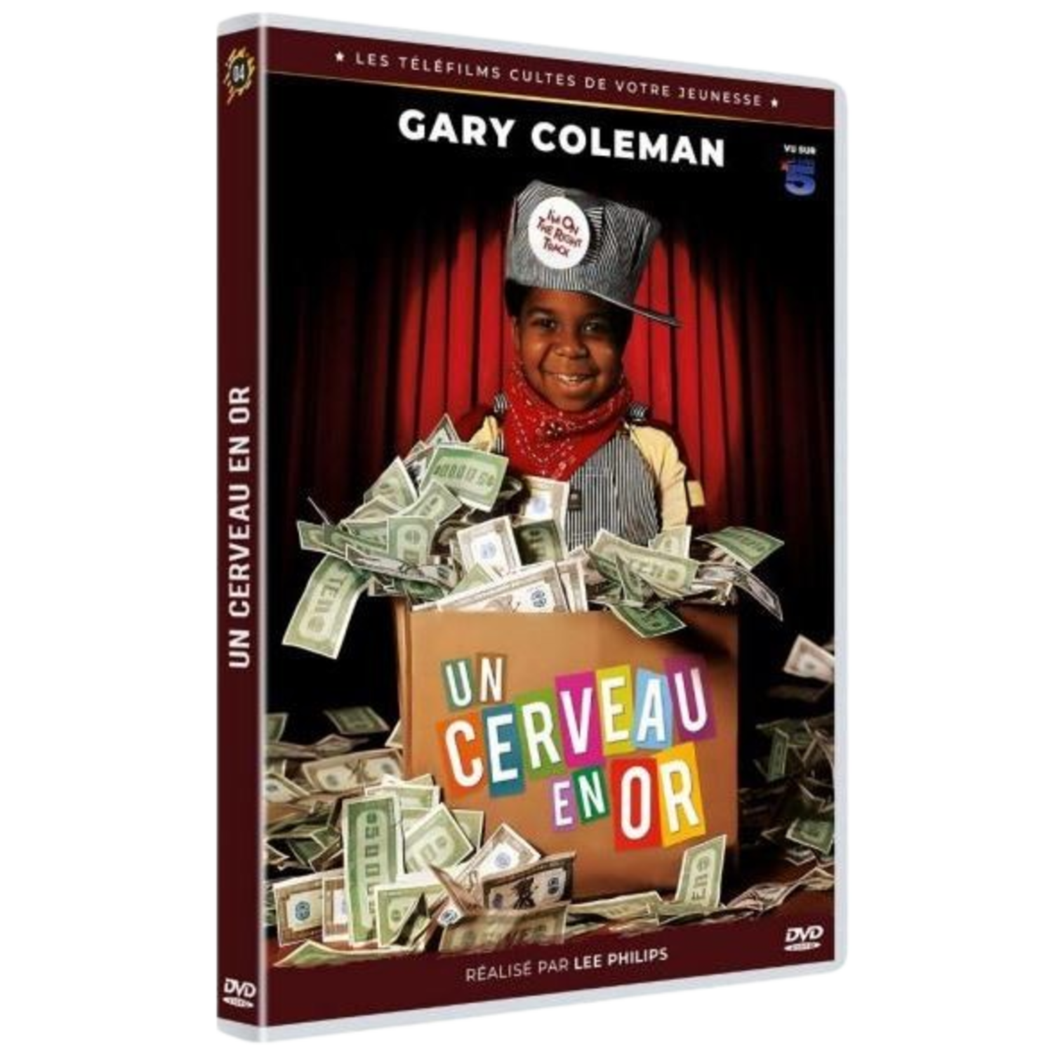 Couverture DVD avec Gary Coleman, titre "Un Cerveau en Or", entouré d'argent. Il porte un chapeau de conducteur et un foulard rouge. Fond rideau rouge.