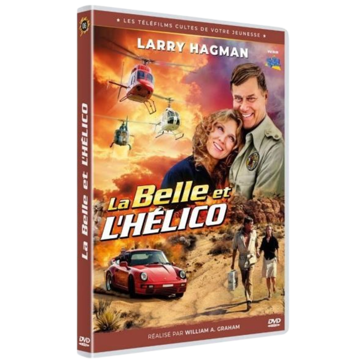 DVD-hoes: "La Belle et L'Hélico". Met Larry Hagman, helikopters, een rode auto en mensen die in een woestijn lopen.