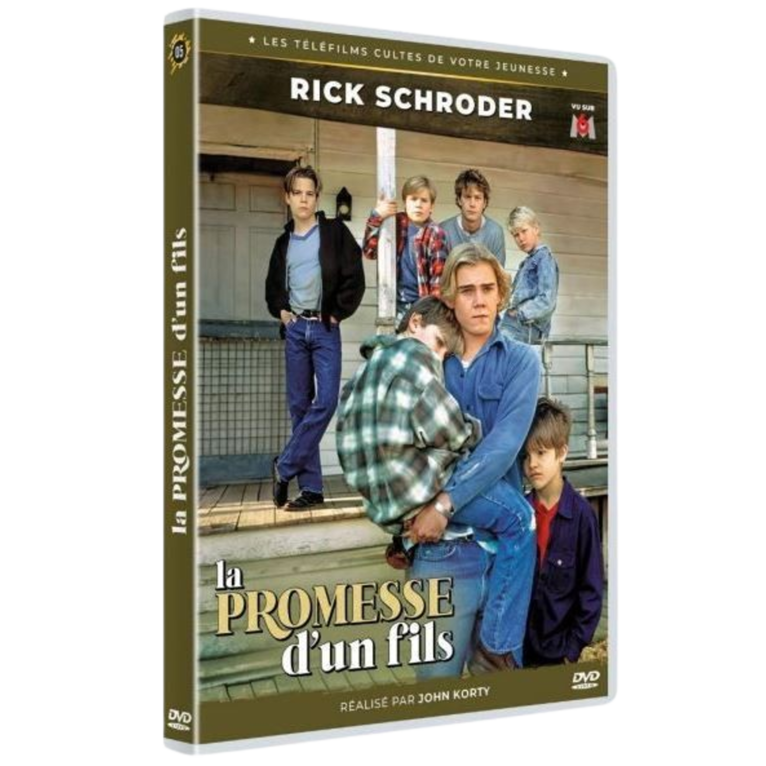DVD-hoes met Rick Schroder en meerdere jongens. Titel: "La Promesse d'un fils". Jongens staan op een veranda. De cover is groen en goud.