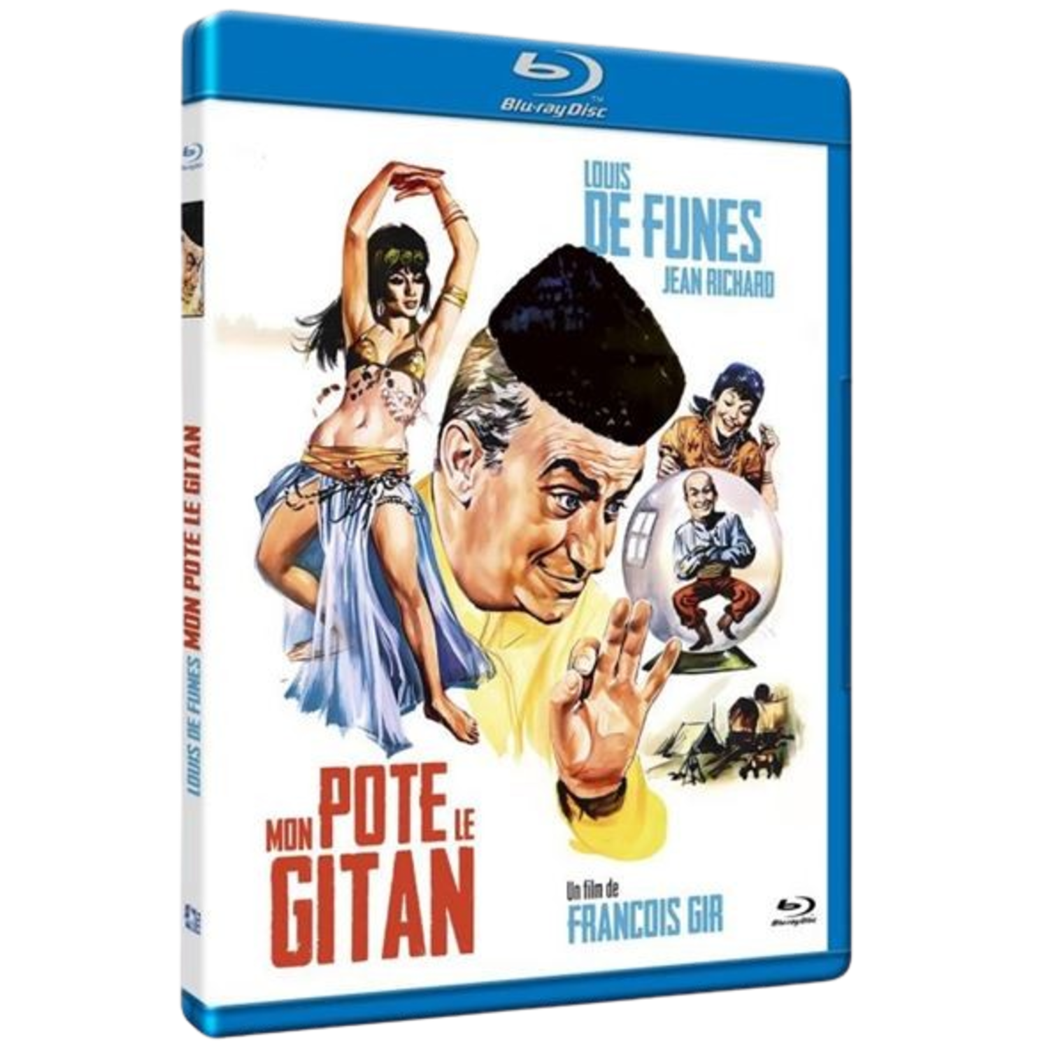Jaquette Blu-ray de "Mon Pote Le Gitan" avec Louis de Funès. Montre une femme en tenue de danse orientale, un homme en turban, et d'autres personnages.