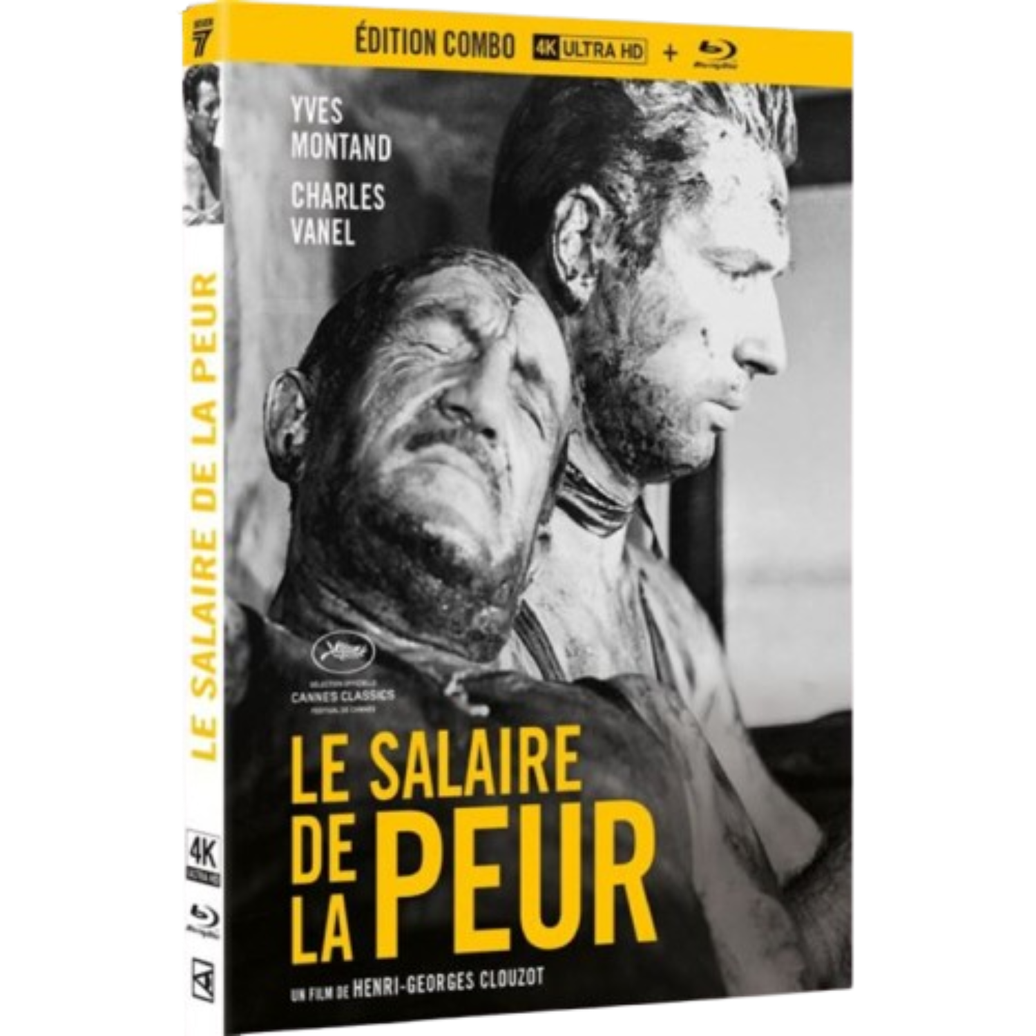 Couverture de film avec deux hommes. Texte jaune: LE SALAIRE DE LA PEUR. 4k Ultra HD.
