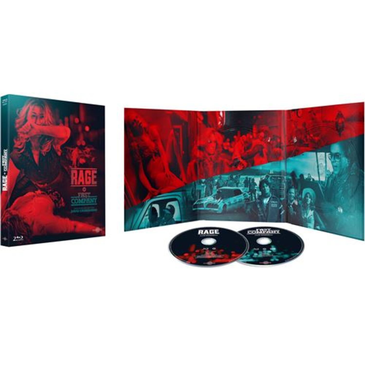 Un coffret Blu-ray de "Rage: First Company" est présenté ouvert. L'emballage est rouge et noir, avec des images de personnes. Deux disques sont visibles.