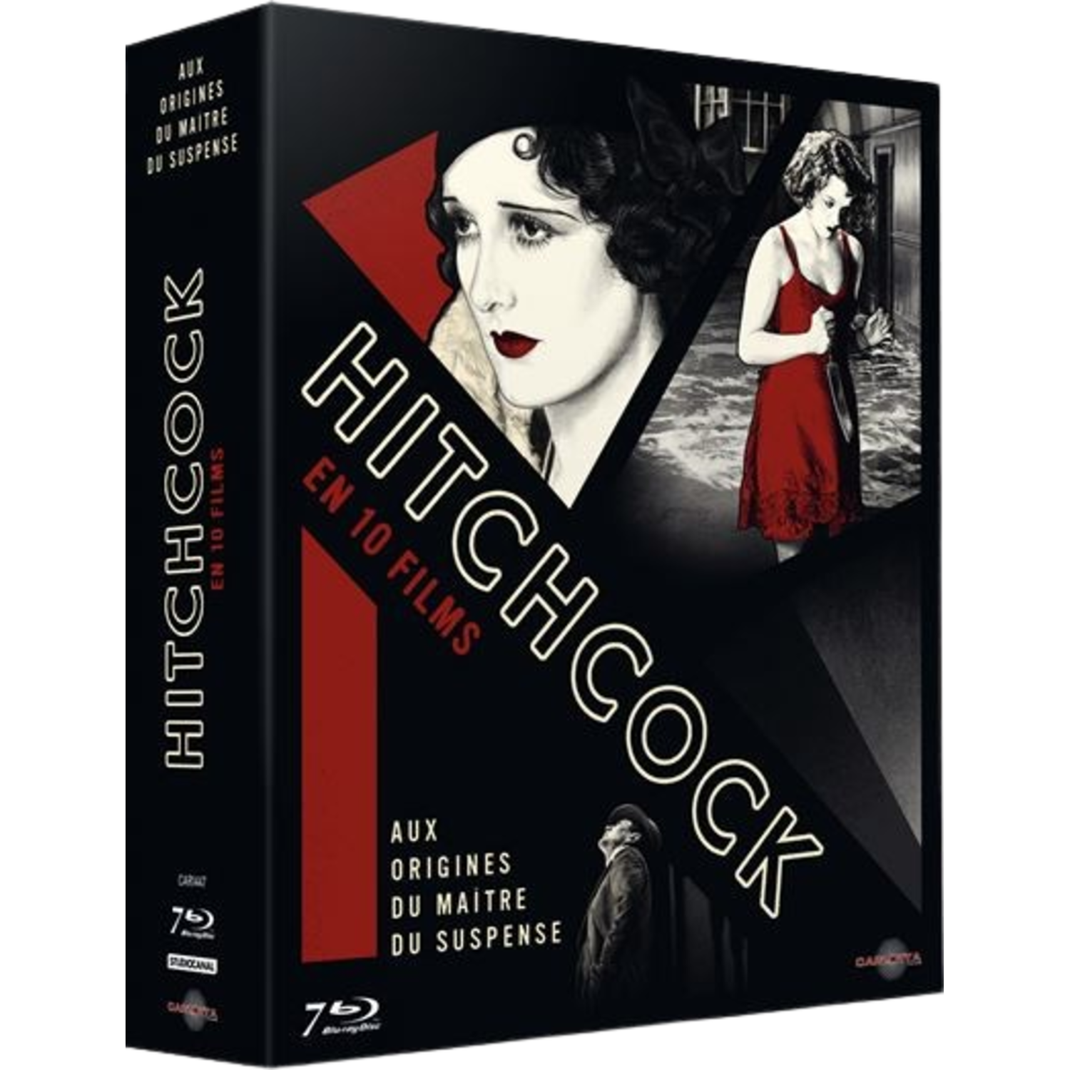 DVD-box "Hitchcock En 10 Films". Toont een vrouw in rode jurk met mes en een vrouw met hoed.