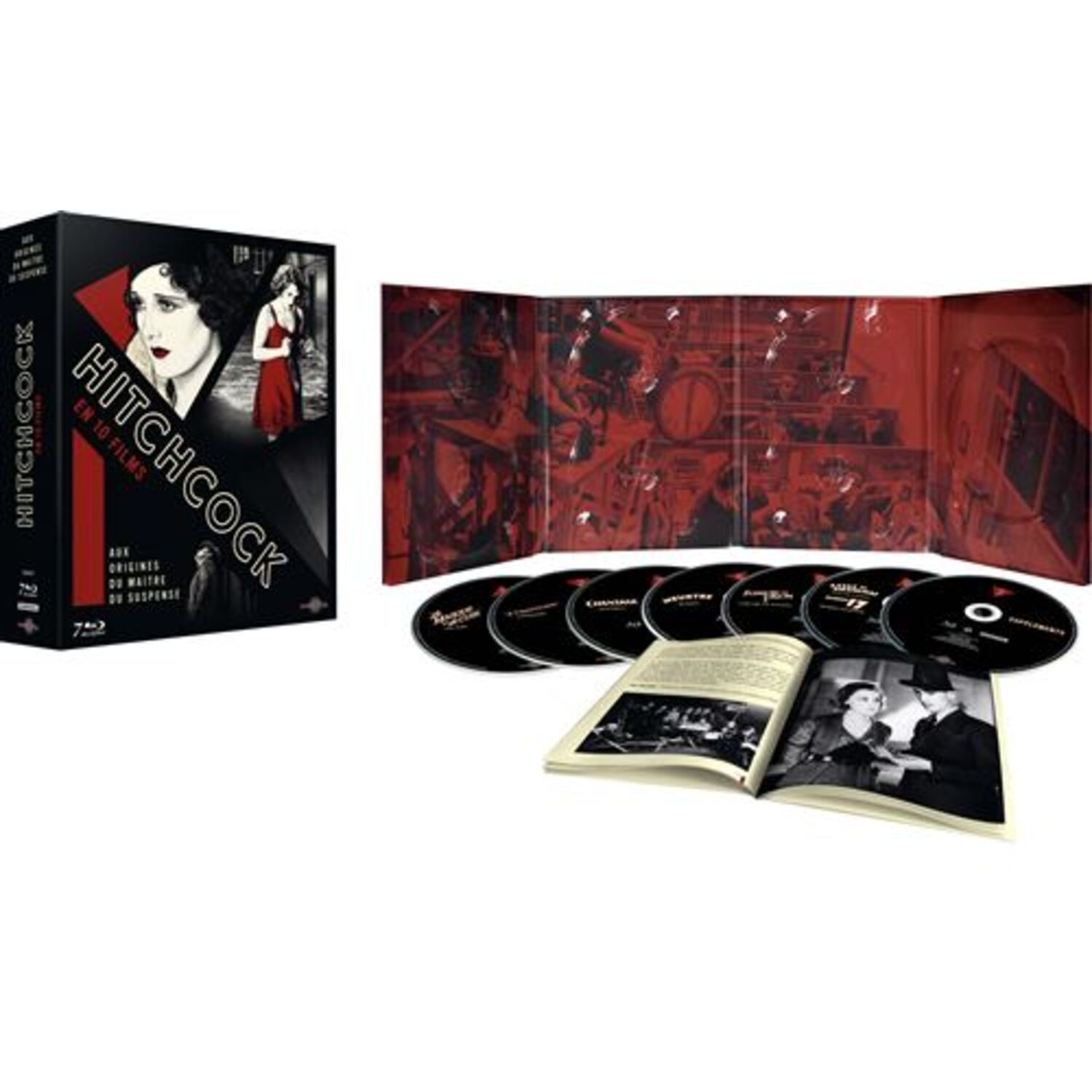 Een Hitchcock filmcollectie box set, open om schijven, een boekje en een rood interieur te onthullen. De doos toont film stills.