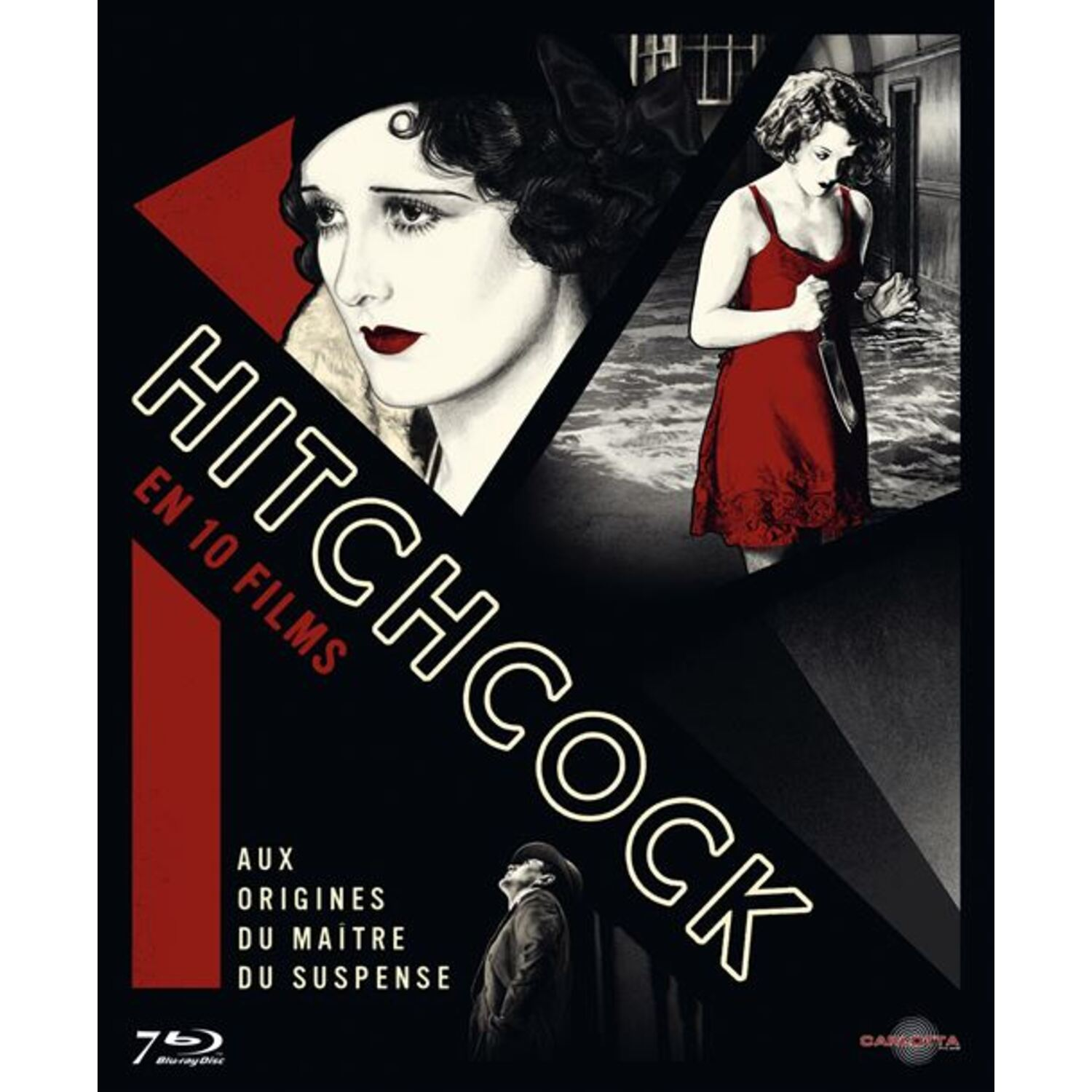 Filmposter Hitchcock. Vrouw in rode jurk met mes, vrouw met hoed en man die omhoog kijkt, witte tekst op zwarte achtergrond.