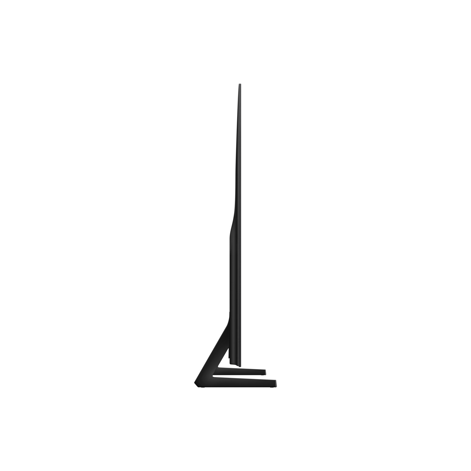 A black, slim television is shown in profile. It stands on a black stand against a white background.