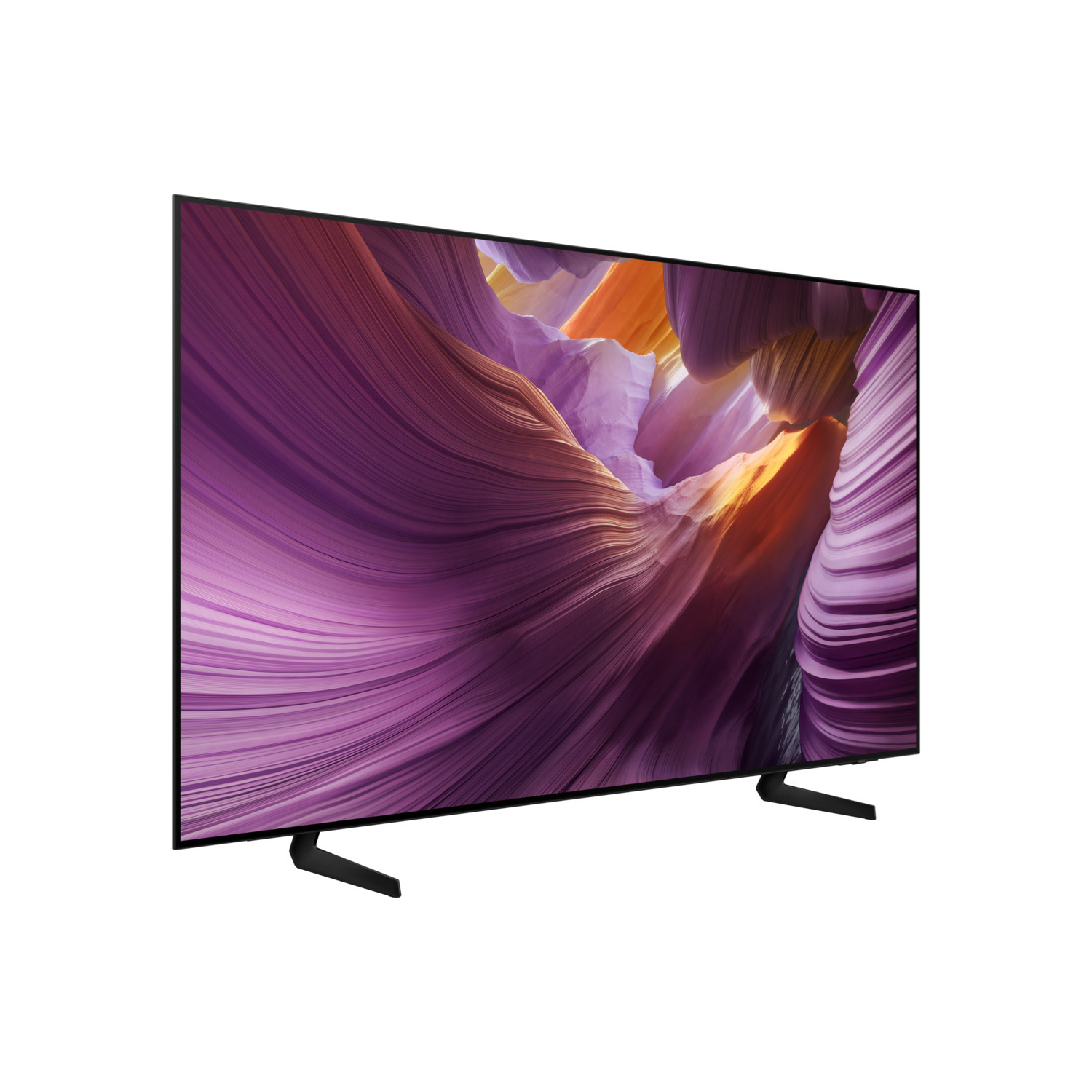 Un téléviseur à écran plat affiche une image abstraite violette et orange. Le téléviseur a des pieds noirs et un cadre noir. Le fond est blanc.
