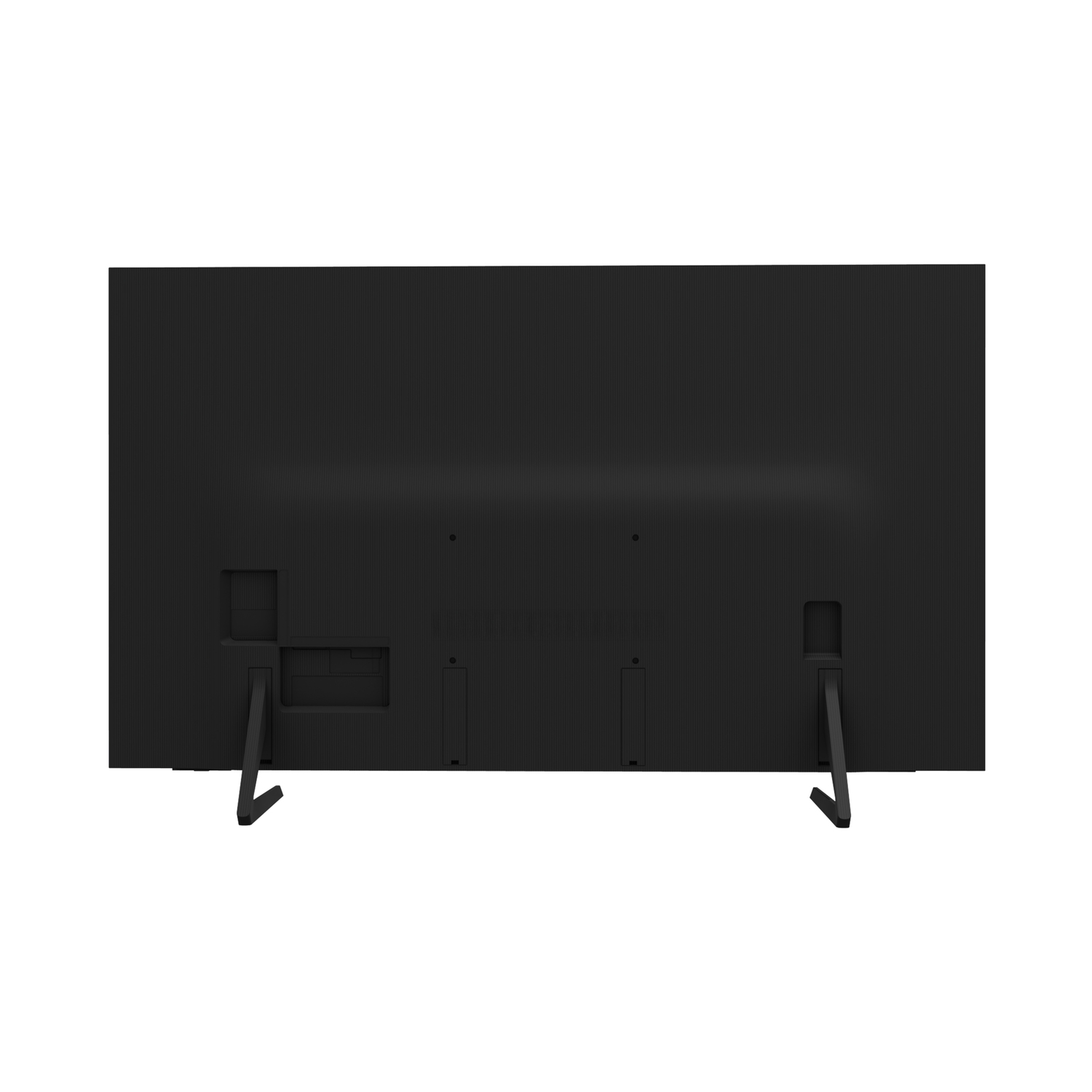 Vue arrière d'une TV noire avec deux pieds noirs sur fond blanc. Ports et connecteurs visibles à l'arrière.