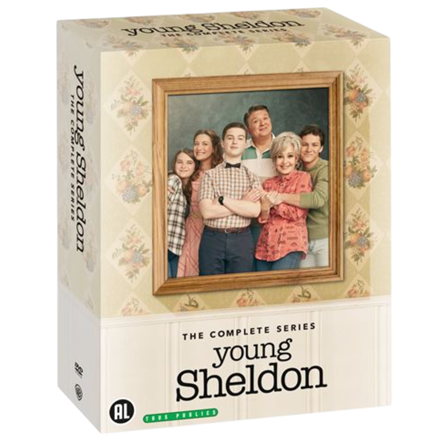 Coffret DVD de la série complète Young Sheldon. Un portrait de famille sur la couverture, avec du texte.