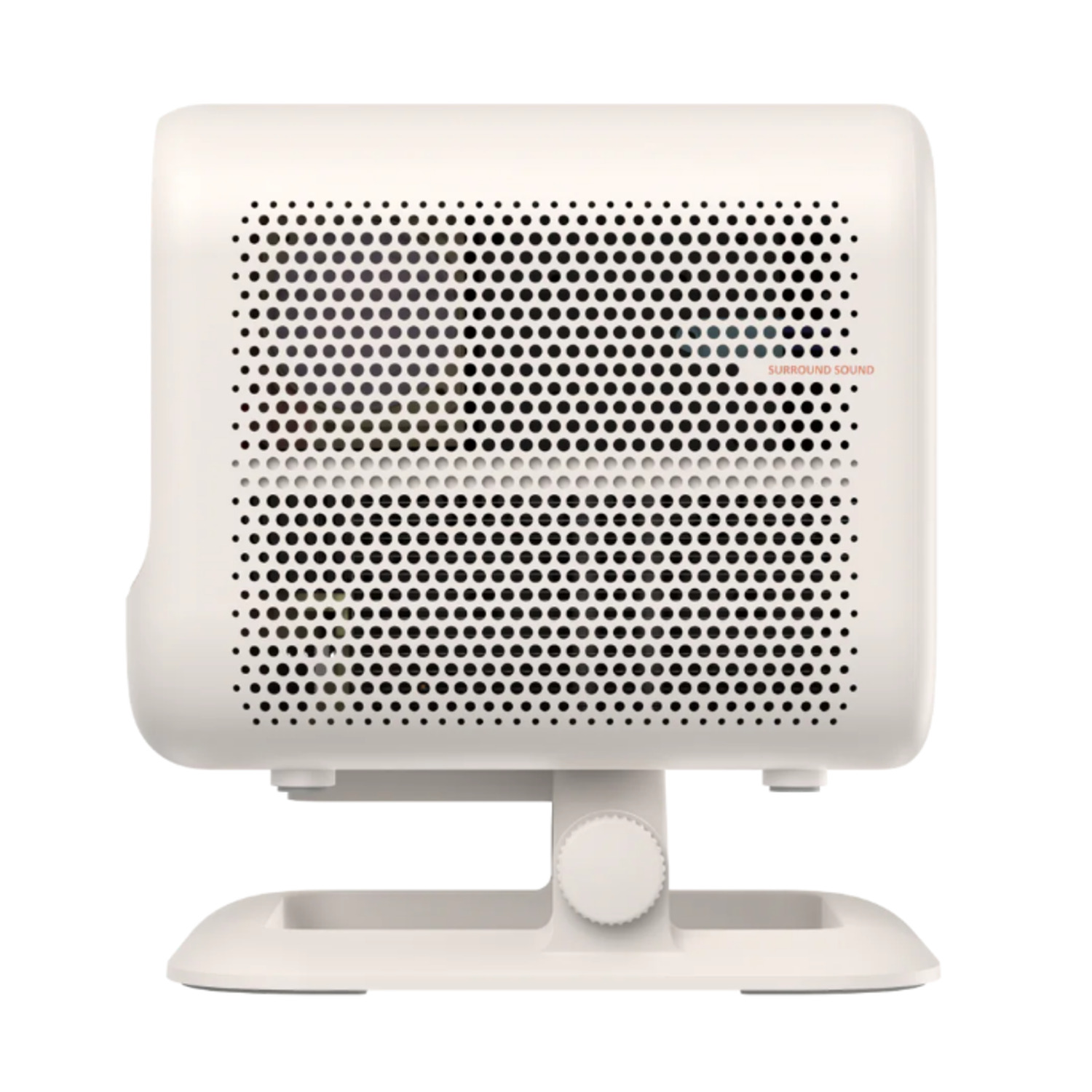 Un appareil de son surround blanc avec un panneau avant perforé, monté sur un support avec un bouton de commande, isolé sur fond blanc.