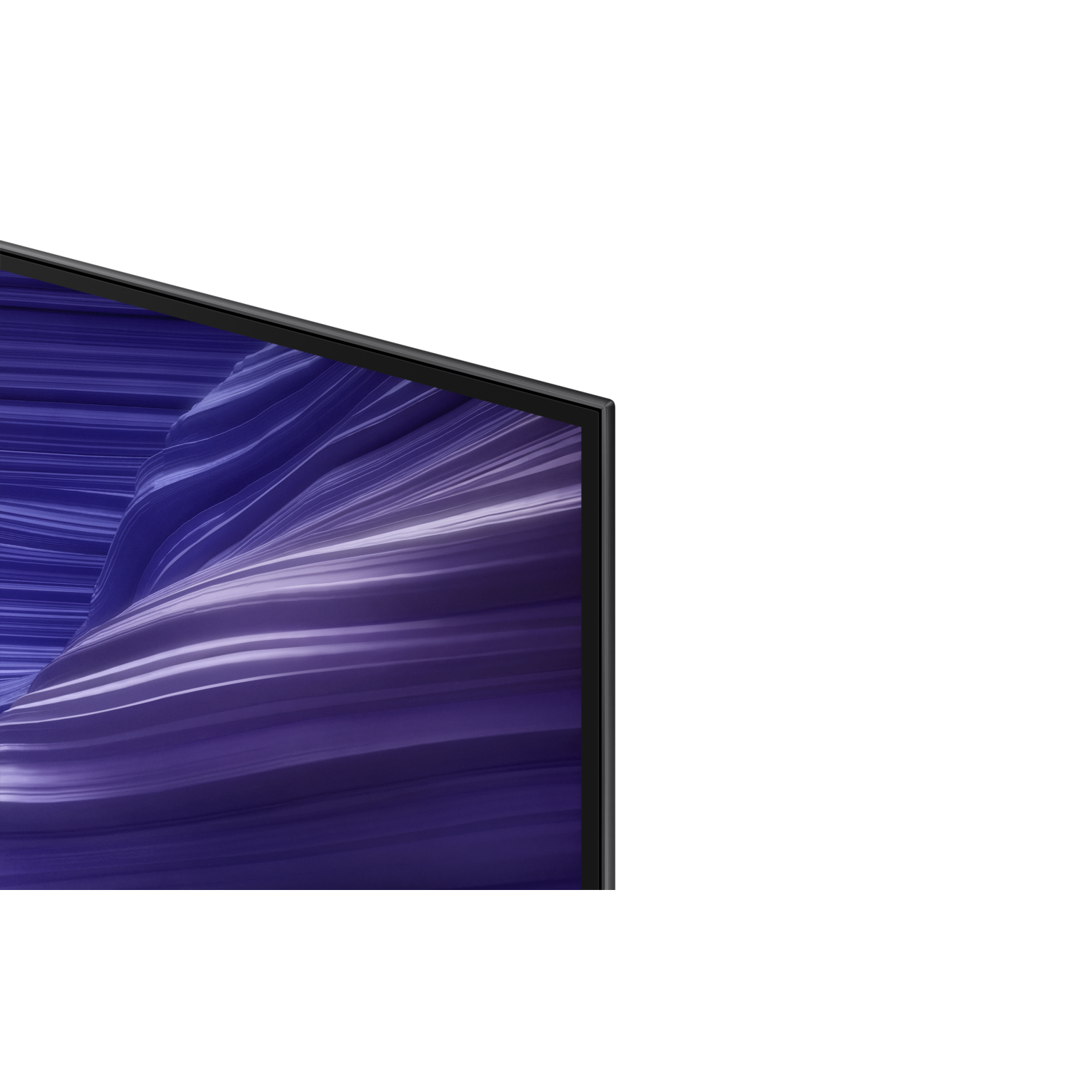 Close-up van een tv-scherm met een golvend, abstract patroon in paarse en witte tinten tegen een zwarte achtergrond.