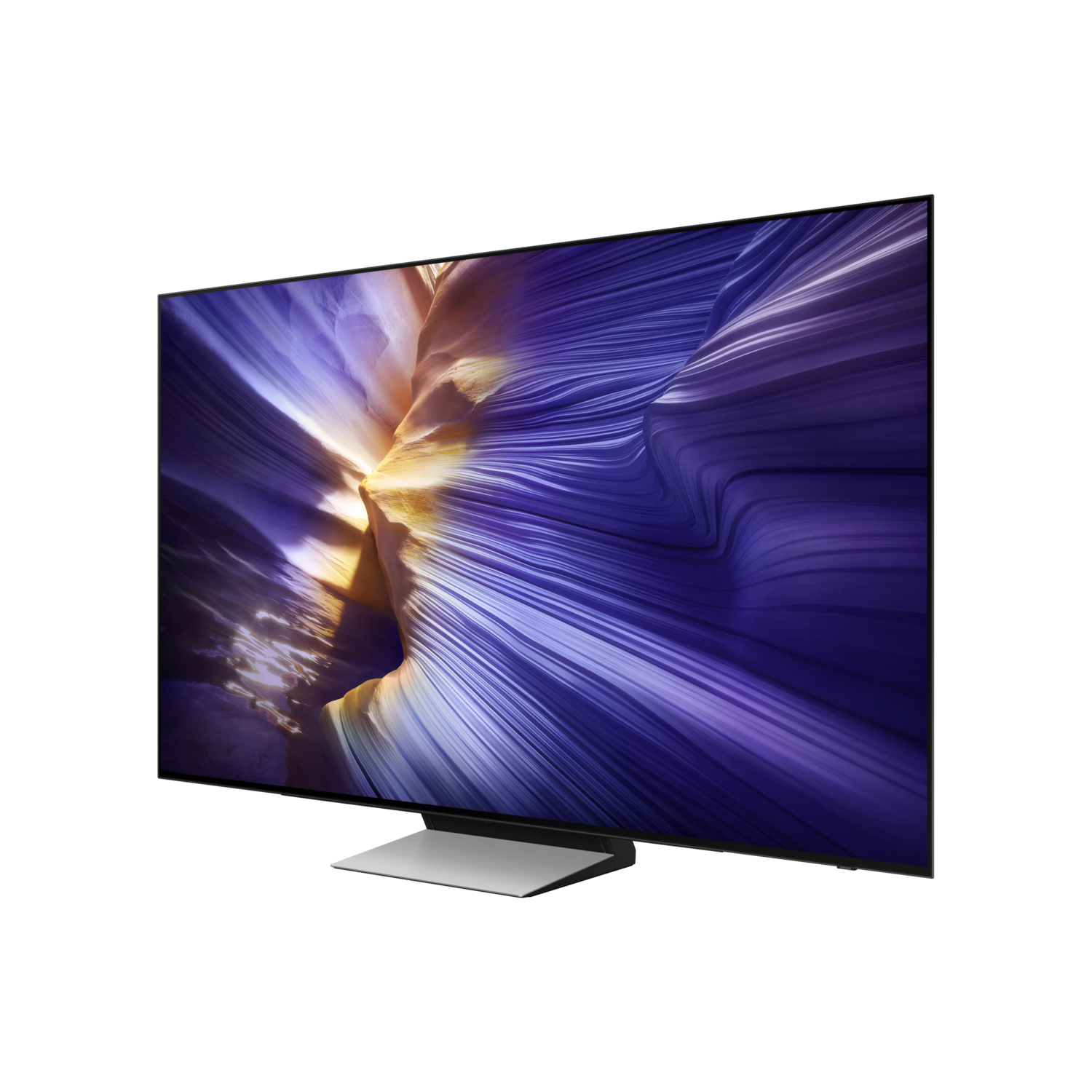 A large, flat-screen TV displays a colorful, abstract landscape. The TV is on a silver stand against a black background.