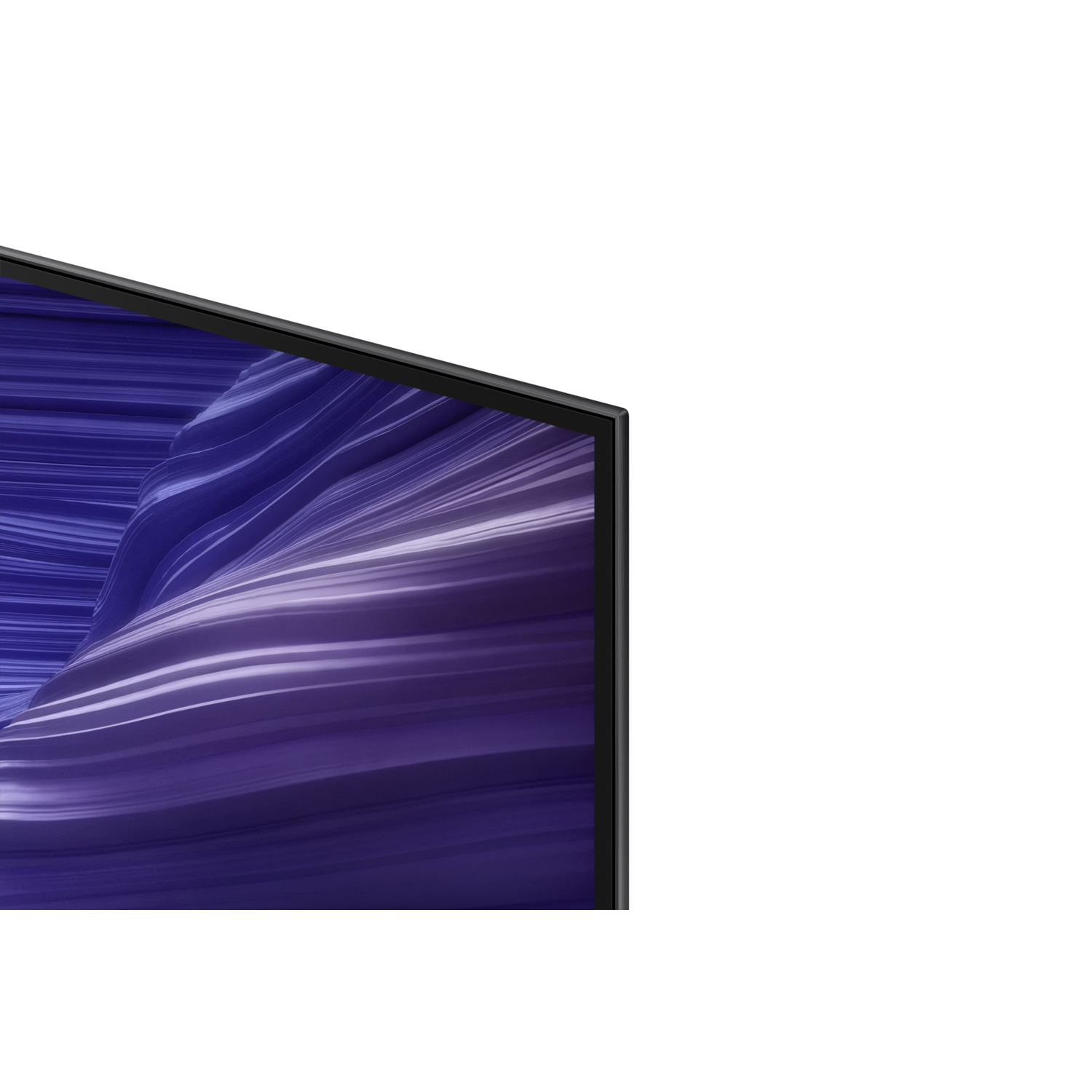 A close-up of a TV screen displays a wavy, purple abstract design against a black background.