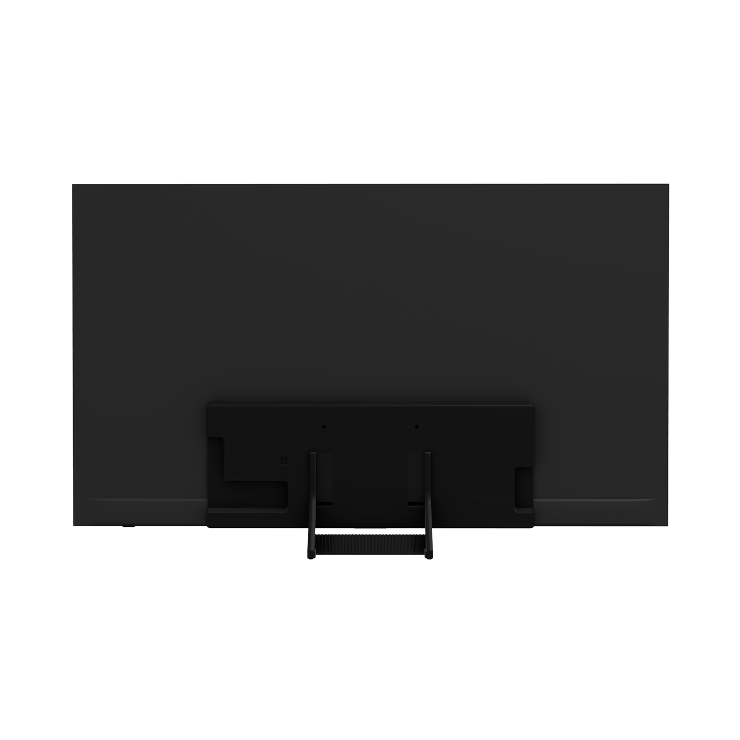 The back of a large, black flat-screen television. It has a stand in the center, and the background is plain white.