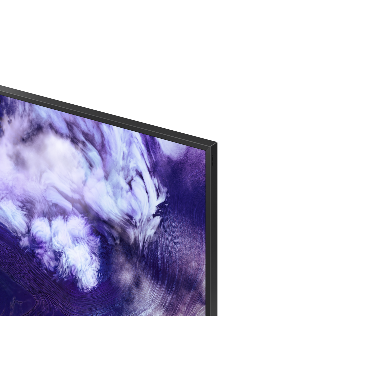 Close-up of a TV with purple and white swirling patterns on a black background. The frame is black.