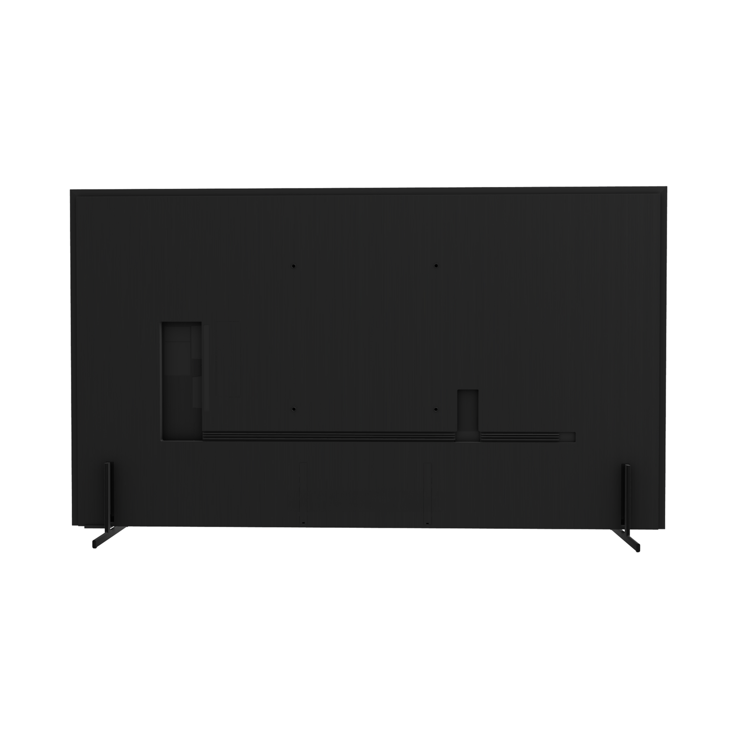 Back of a black TV with ports and stands. The background is white.