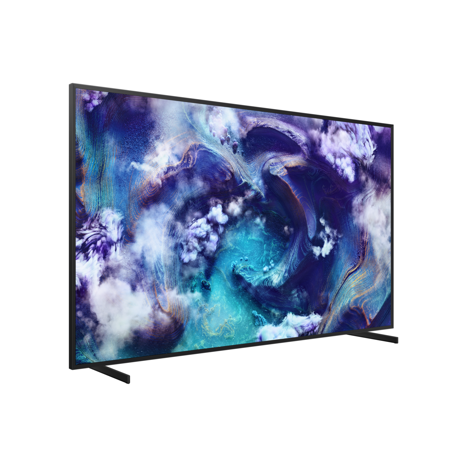 A large, black-framed TV displays a swirling, colorful abstract image against a black background. The TV is slightly angled.