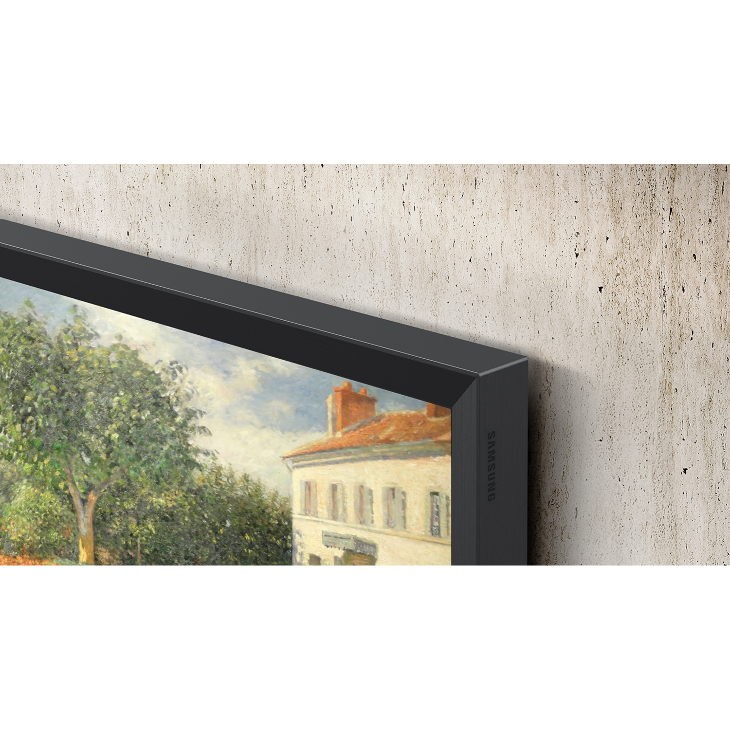A framed painting showing a building with a red roof, a tree, and a blue sky. The frame is black and the wall is textured.