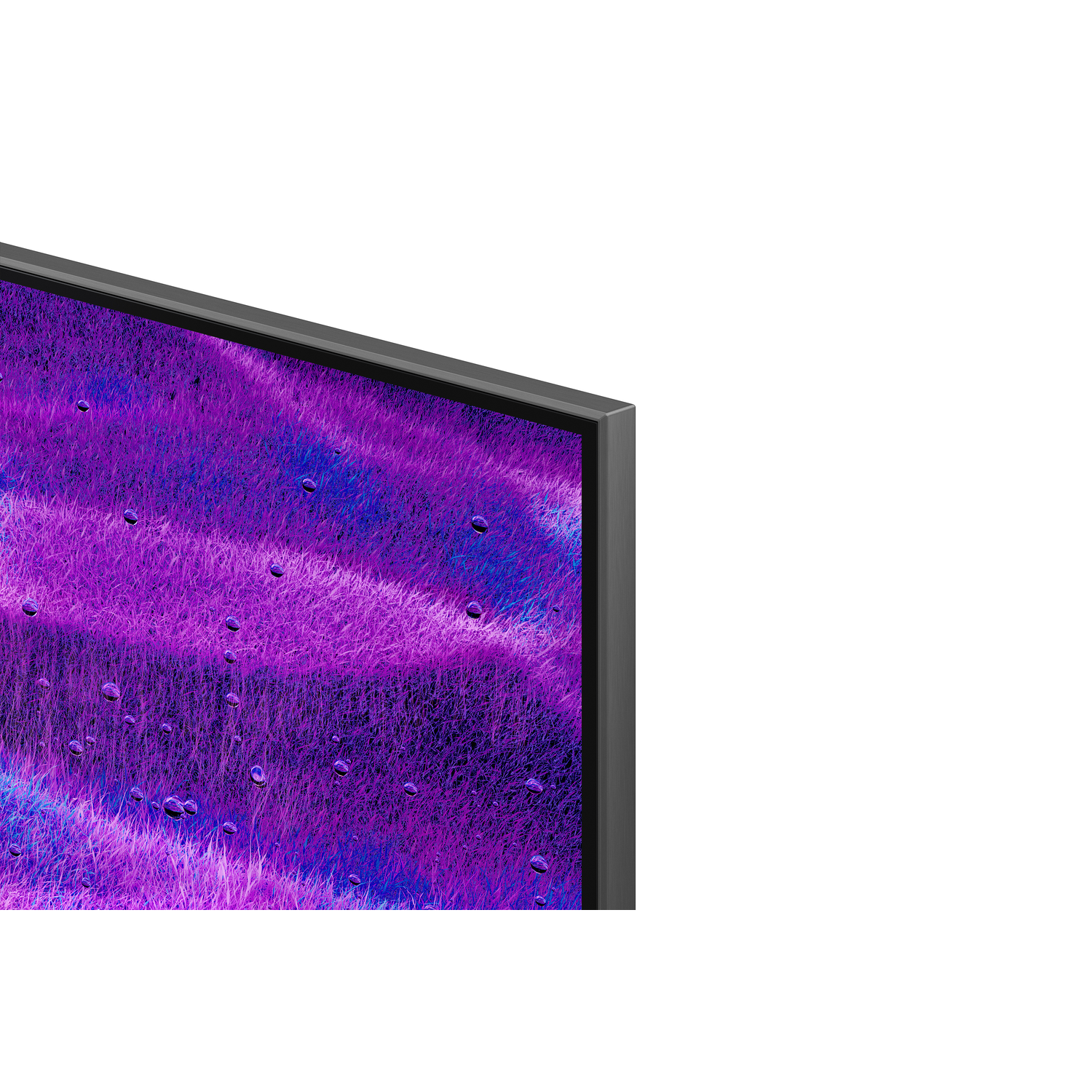 Close-up of a TV screen displaying a purple and blue textured image with water droplets, set against a white background.
