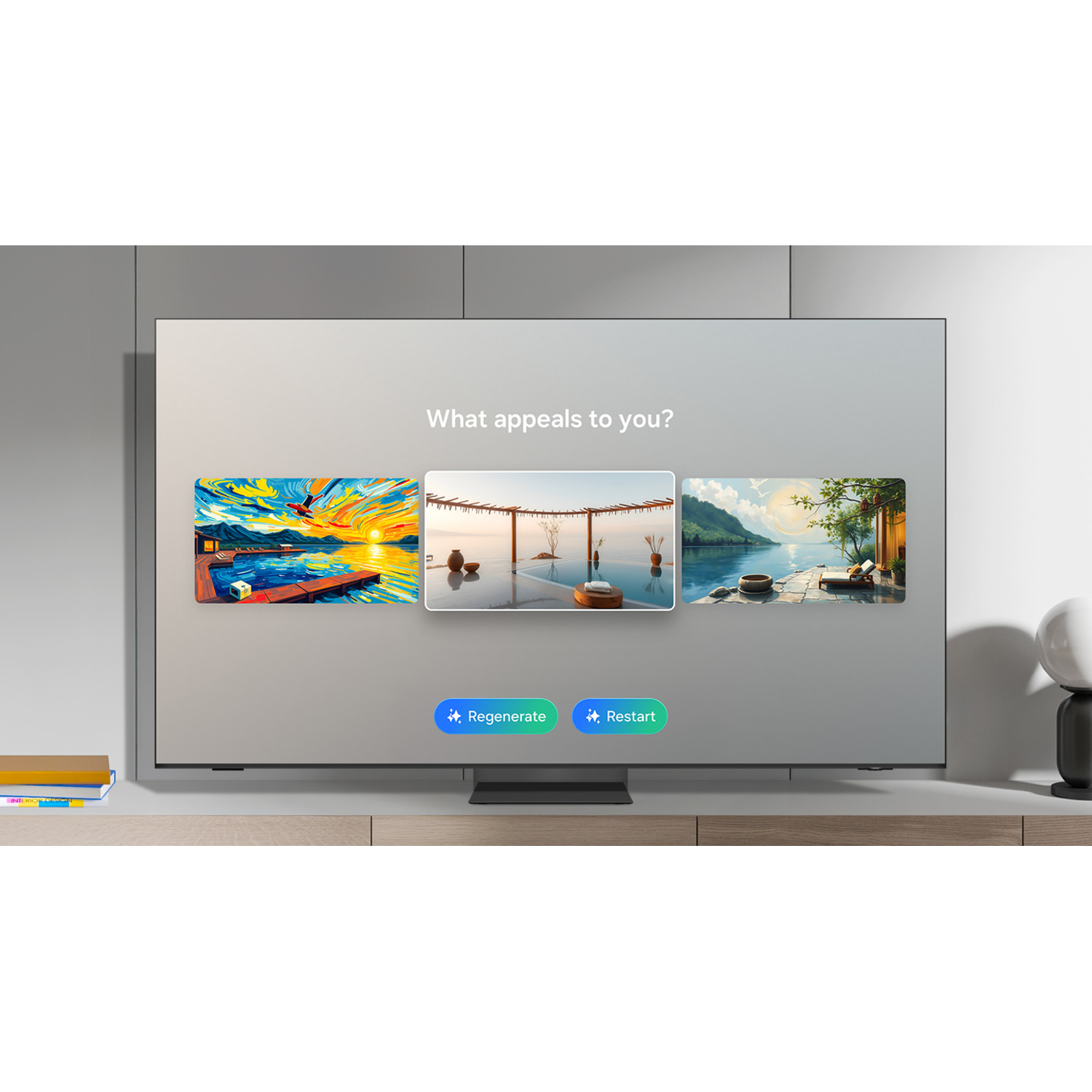 A large TV displays three images with options 'Regenerate' and 'Restart'. The TV sits on a wooden surface, with a stack of books on the left.