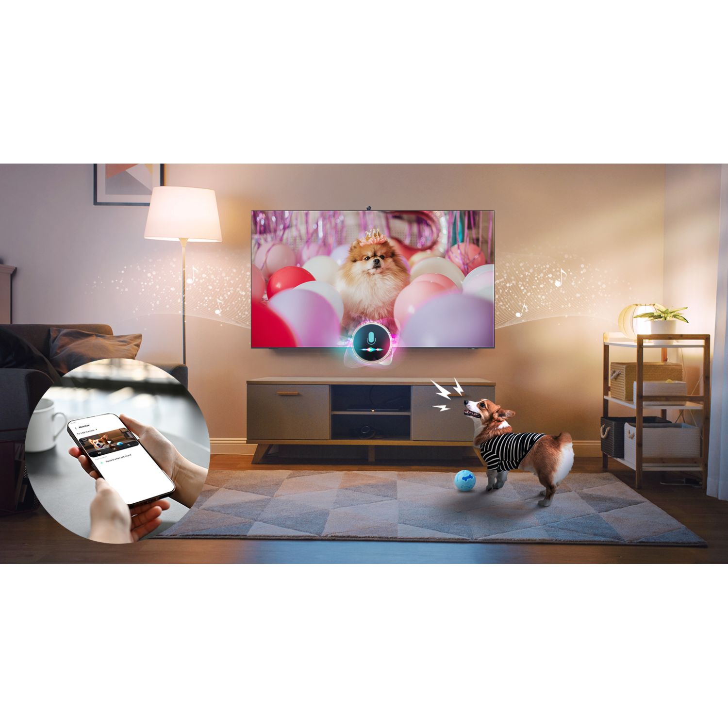 A dog in striped shirt barks at TV showing a dog with crown. A hand holds a phone, a lamp, and a shelf are in the background.