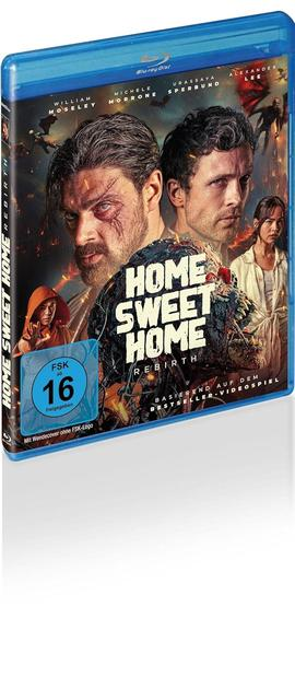 Eine Blu-ray-Disc des Films Home Sweet Home Rebirth. Ein Mann mit blutigem Gesicht ist auf dem Cover.