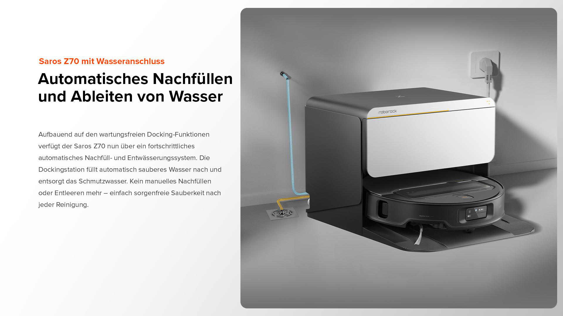 Ein Roboter-Staubsauger mit automatischem Wasserbefüll- und -entsorgungssystem.