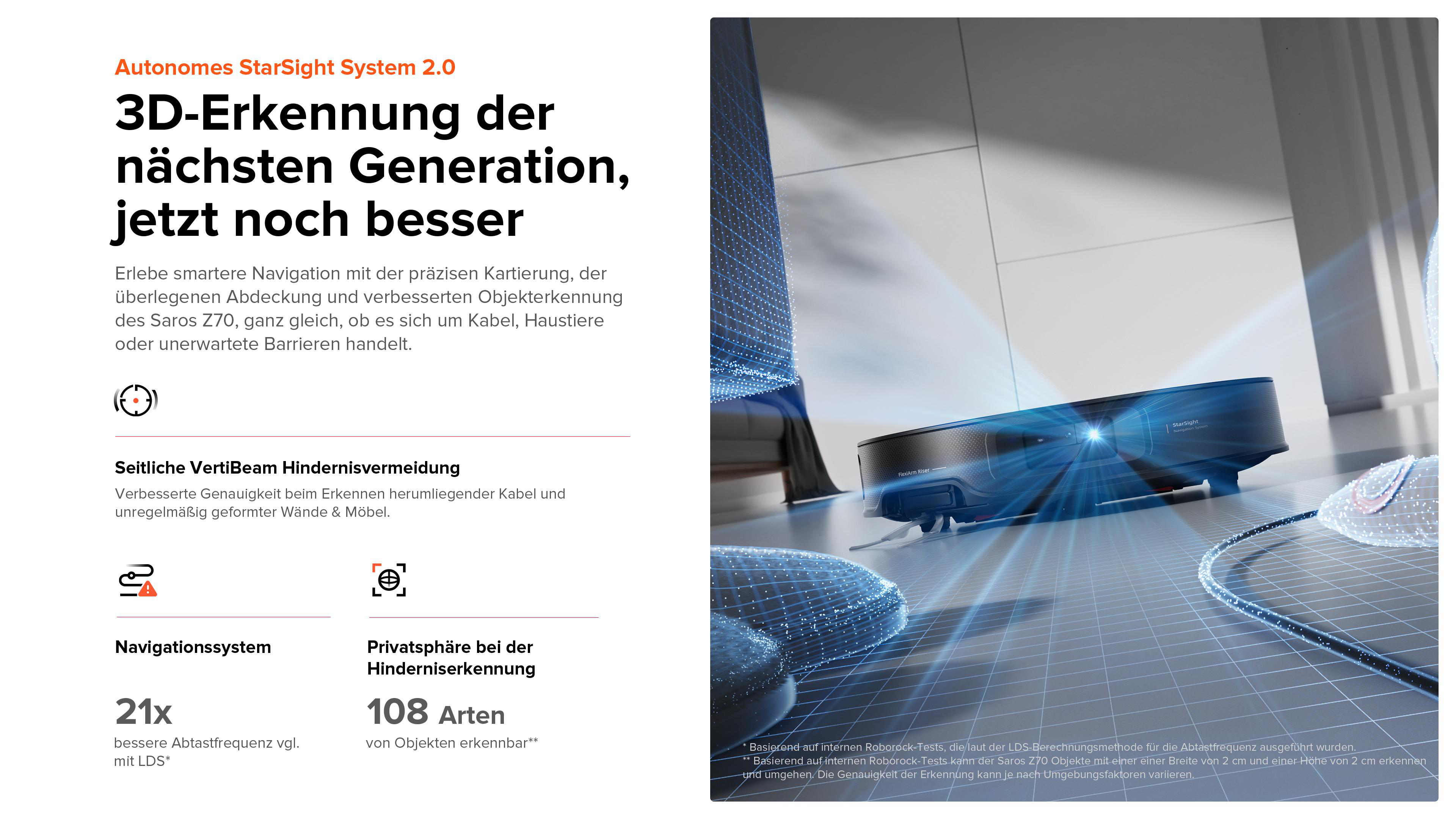 Ein Roboter-Staubsauger mit Seiten- und Navigationssystemen, die Objekte und Hindernisse erkennen.