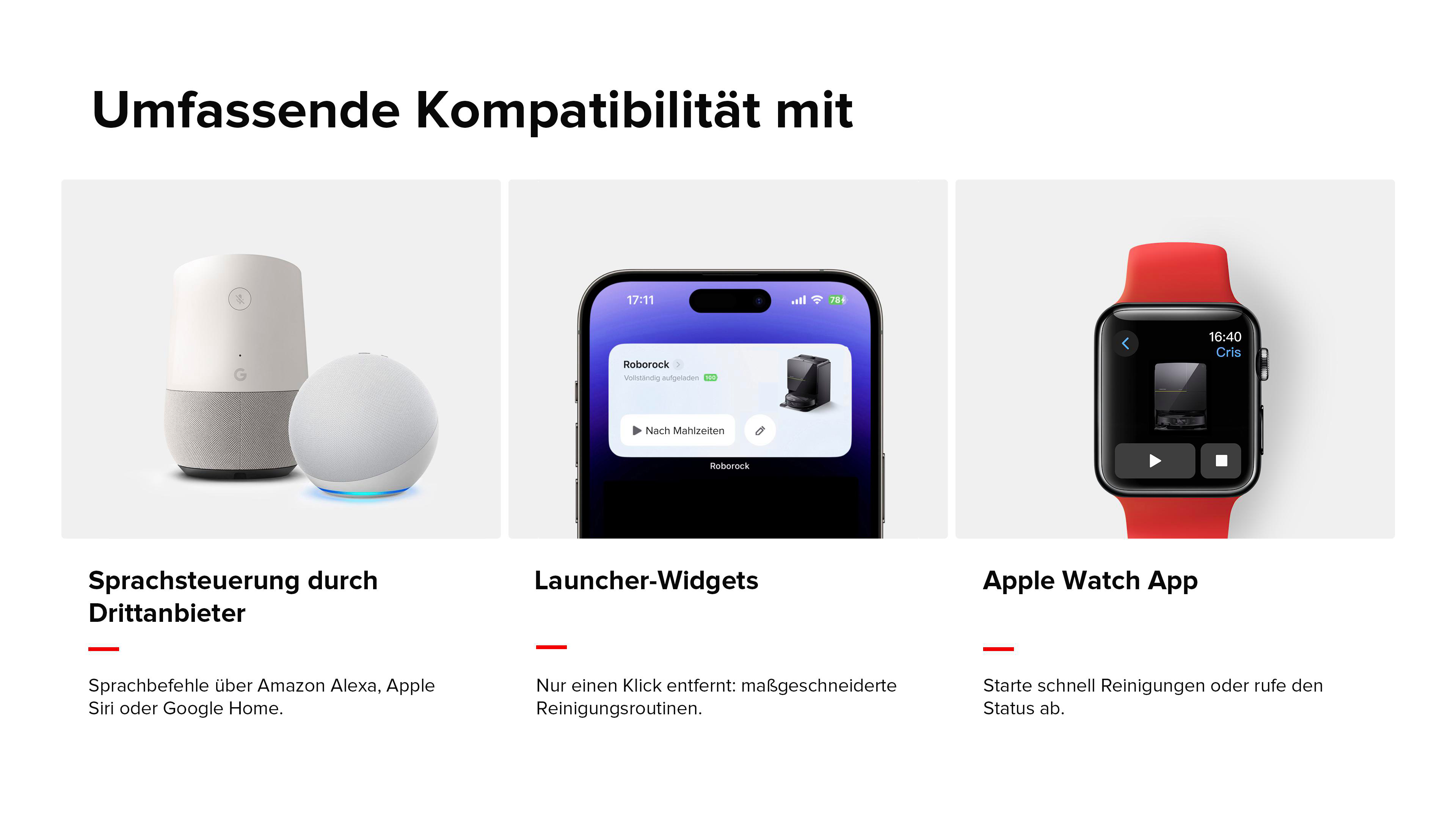 Das Bild zeigt Smart-Home-Geräte und Apps, die Kompatibilität mit Drittanbietern demonstrieren. Es zeigt Google Home, ein Smartphone und eine Apple Watch mit Roborock-App.