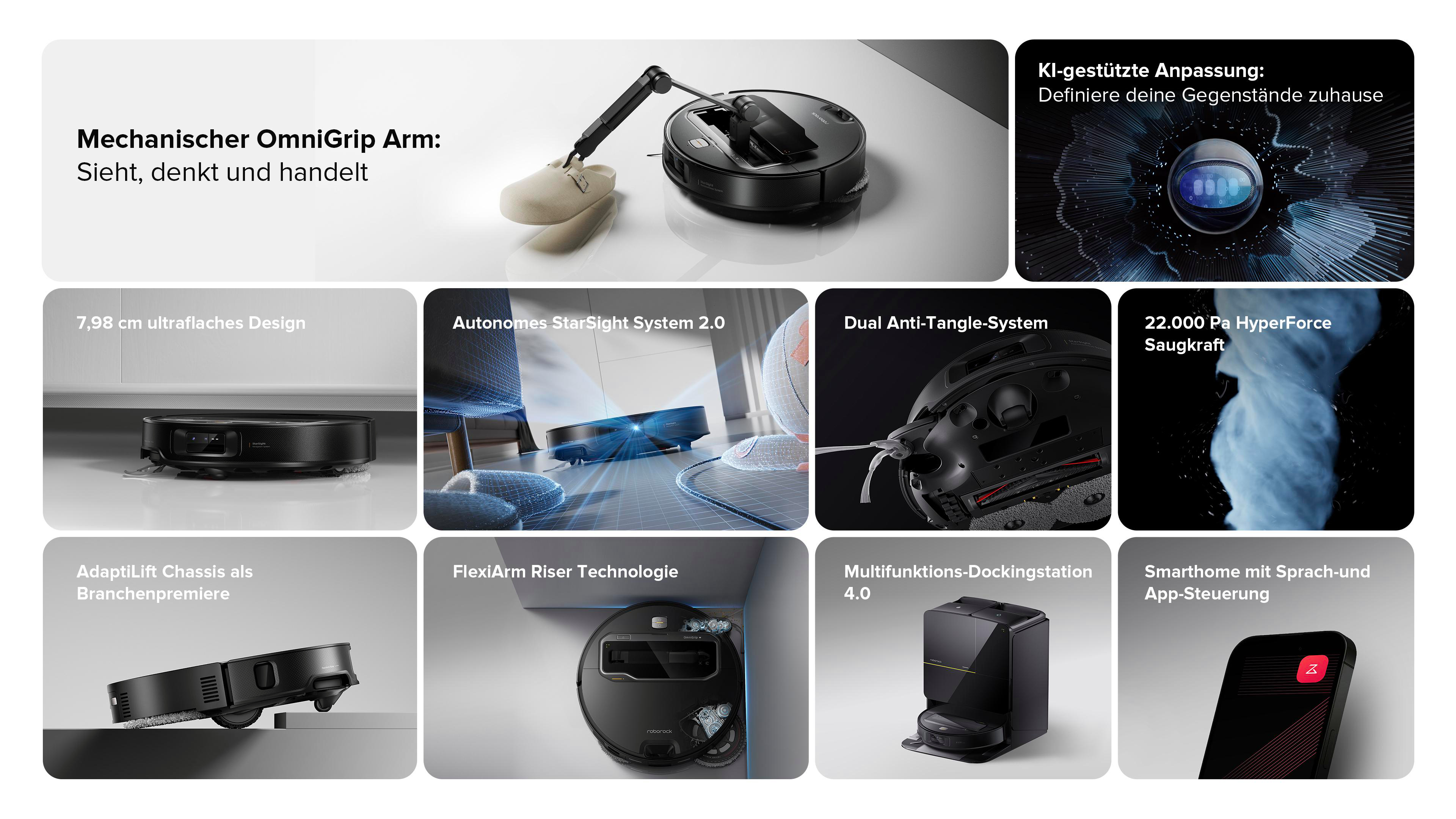 Werbung für einen schwarzen Roboter-Staubsauger mit Funktionen wie OmniGrip-Arm, StarSight-System und Smart-Home-Steuerung, mit verschiedenen Produktaufnahmen.