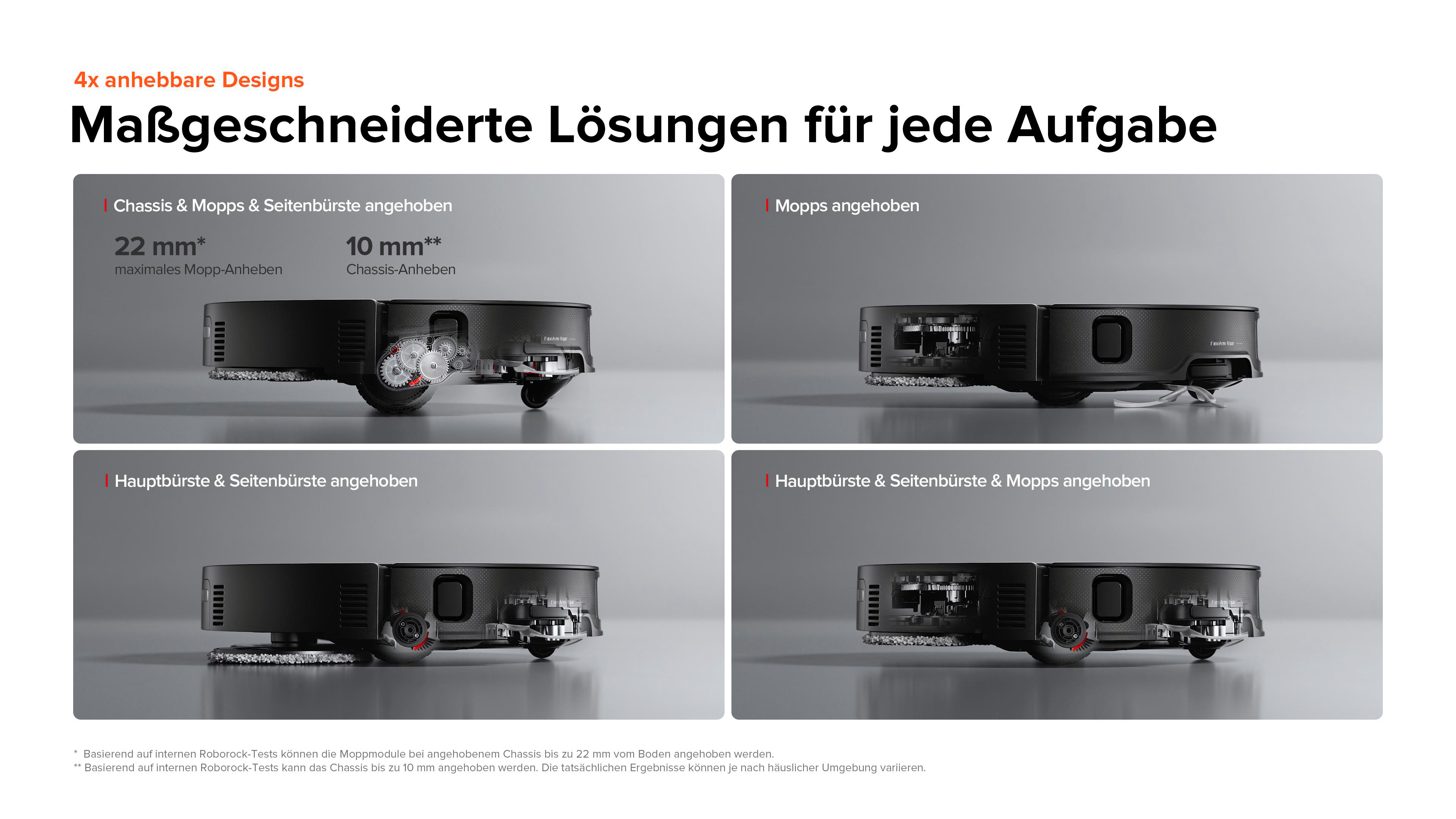 Vier Bilder eines schwarzen Roboter-Staubsaugers. Jedes zeigt eine andere Reinigungskonfiguration mit technischen Details.