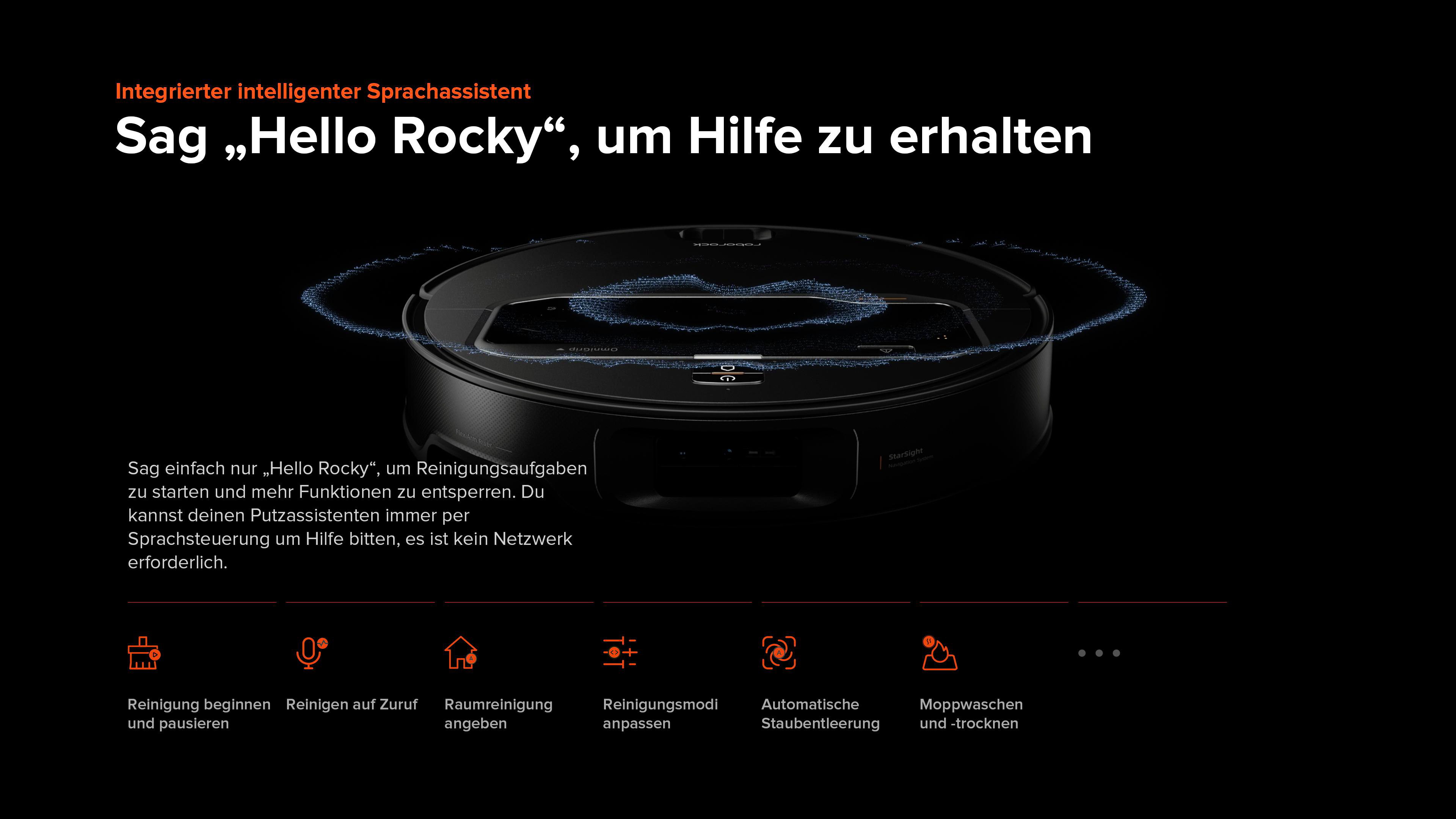 Ein schwarzer Roboter-Staubsauger mit blauen Lichteffekten auf schwarzem Hintergrund. Text: "Sag 'Hello Rocky'", darunter Funktionen und Icons.