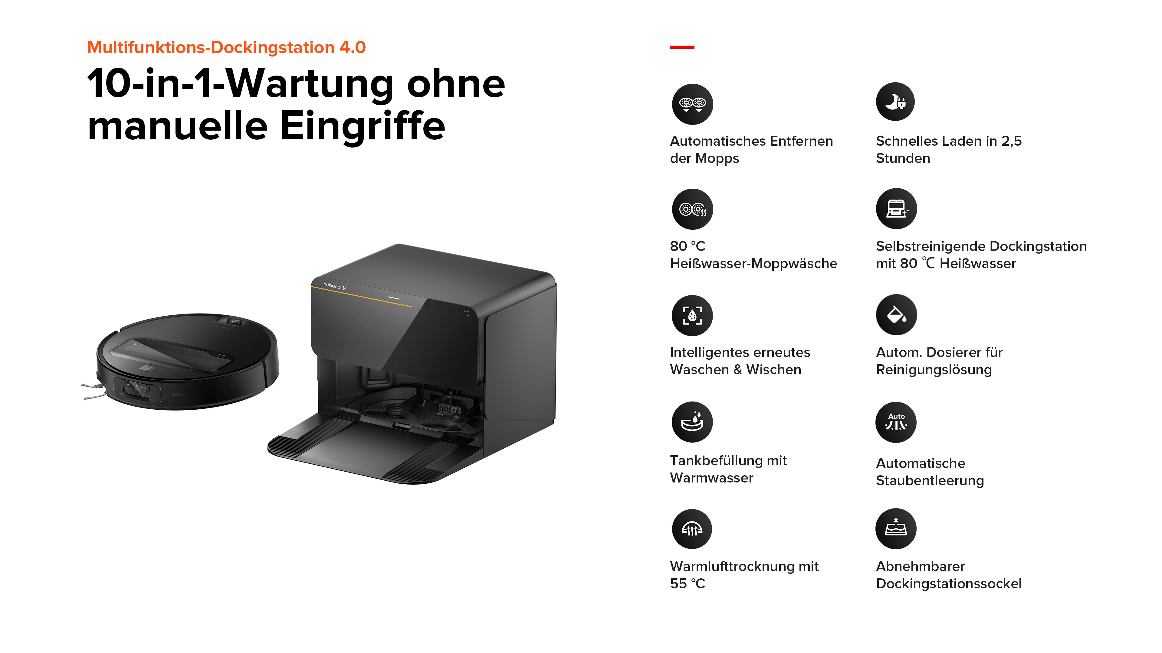 Eine schwarze Reinigungsstation mit Roboter-Staubsauger und Icons, die 10-in-1-Wartungsfunktionen zeigen.