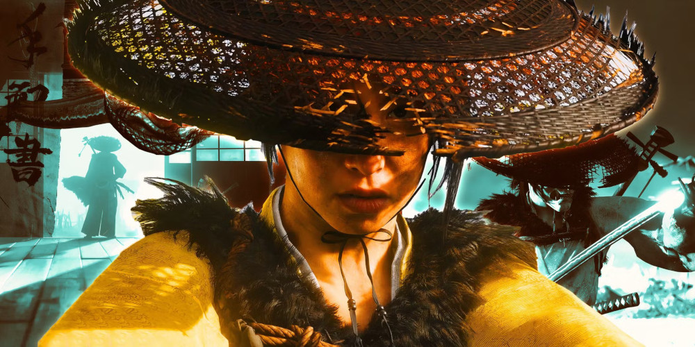 A person in a straw hat, a close-up of the face, in a video game scene.