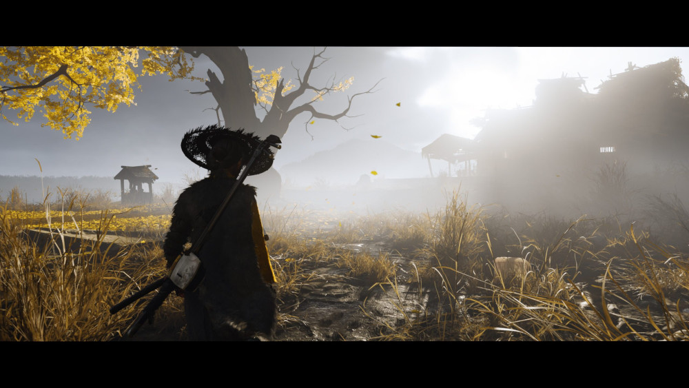 A samurai stands in a field, facing a misty village. Golden foliage and tall grass fill the foreground. A wooden structure is visible in the background.