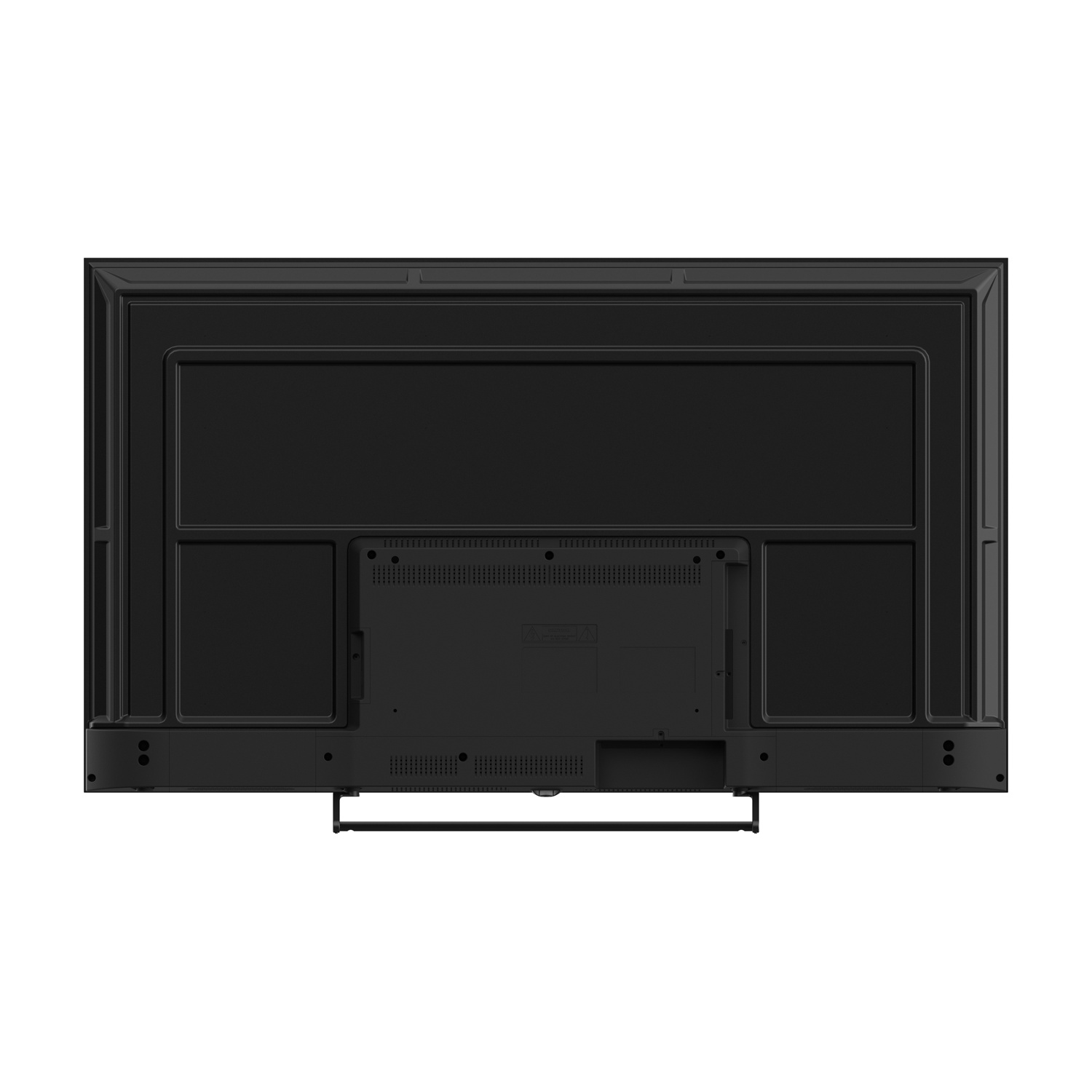 Viene mostrato il retro di una TV a schermo piatto nera. Ha una forma rettangolare con varie porte e un supporto. Lo sfondo è bianco.