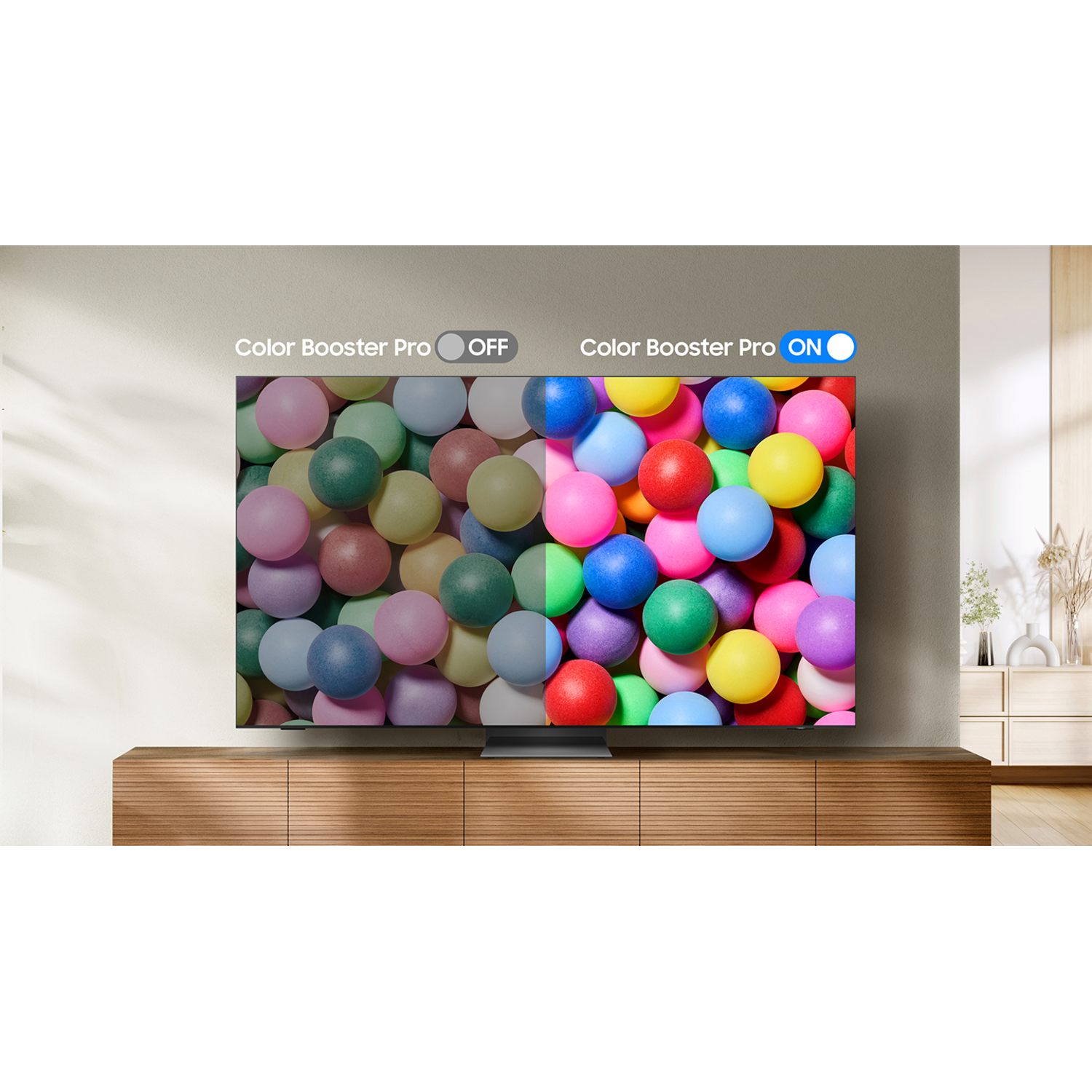 A TV displays colorful balls. The left side shows dull colors, while the right side displays vibrant hues, demonstrating the "Color Booster Pro" feature.