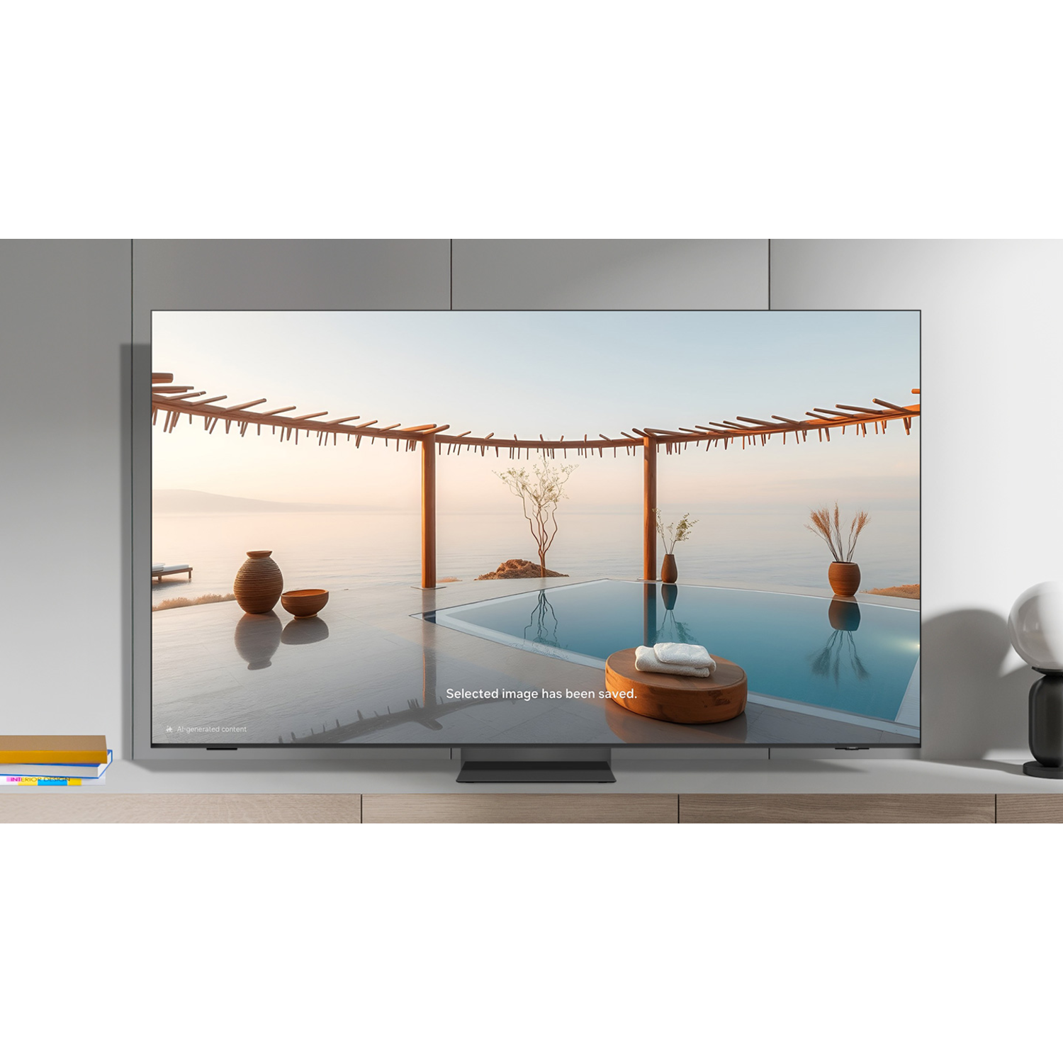A TV displays a serene scene with a pool, sea, and a pergola. Vases and a towel rest on a wooden surface. The TV sits on a wooden cabinet.