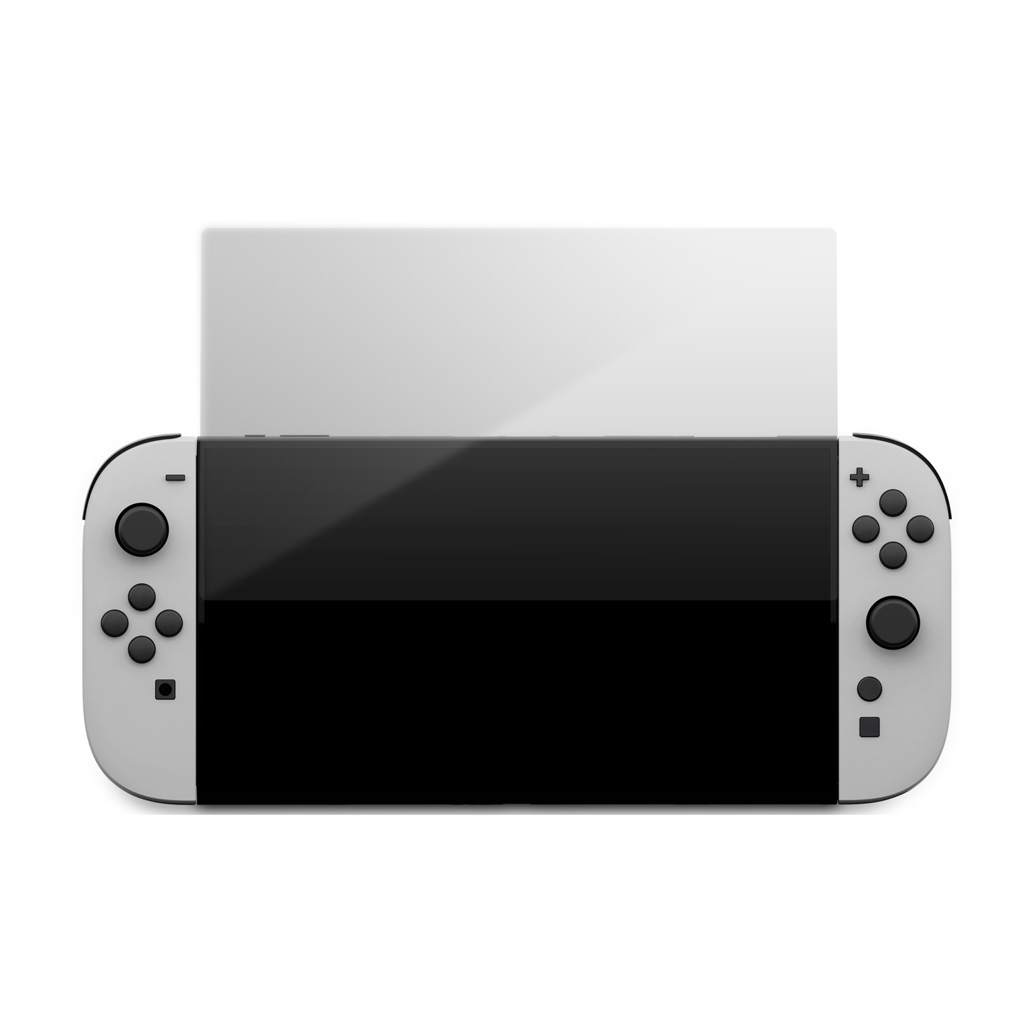 Una console Nintendo Switch bianca e nera. Lo schermo è nero, con controller bianchi su ciascun lato.