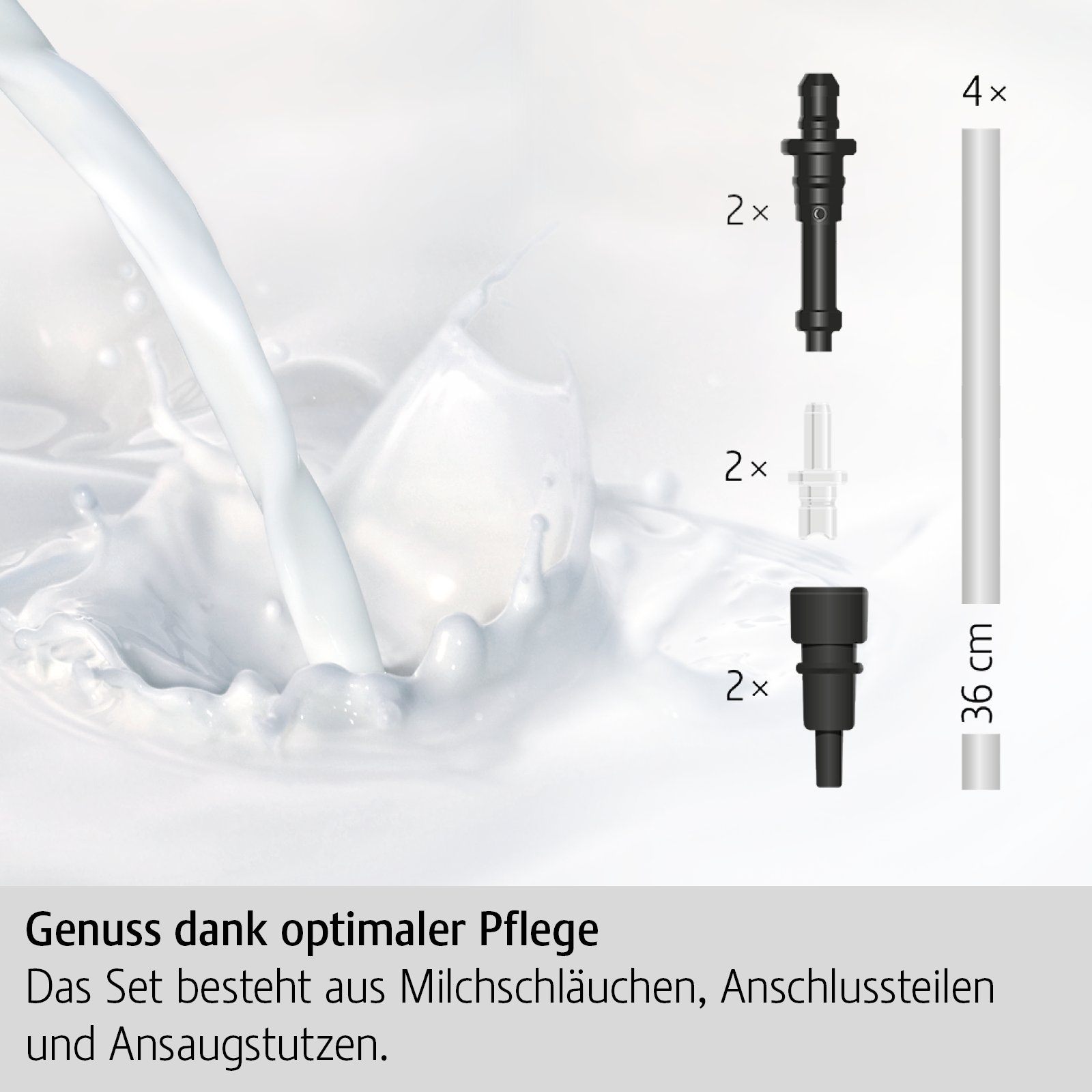 Milch gießt, mit drei schwarzen Kunststoffaufsätzen und einem weißen Schlauch, alles für die Milchpflege.