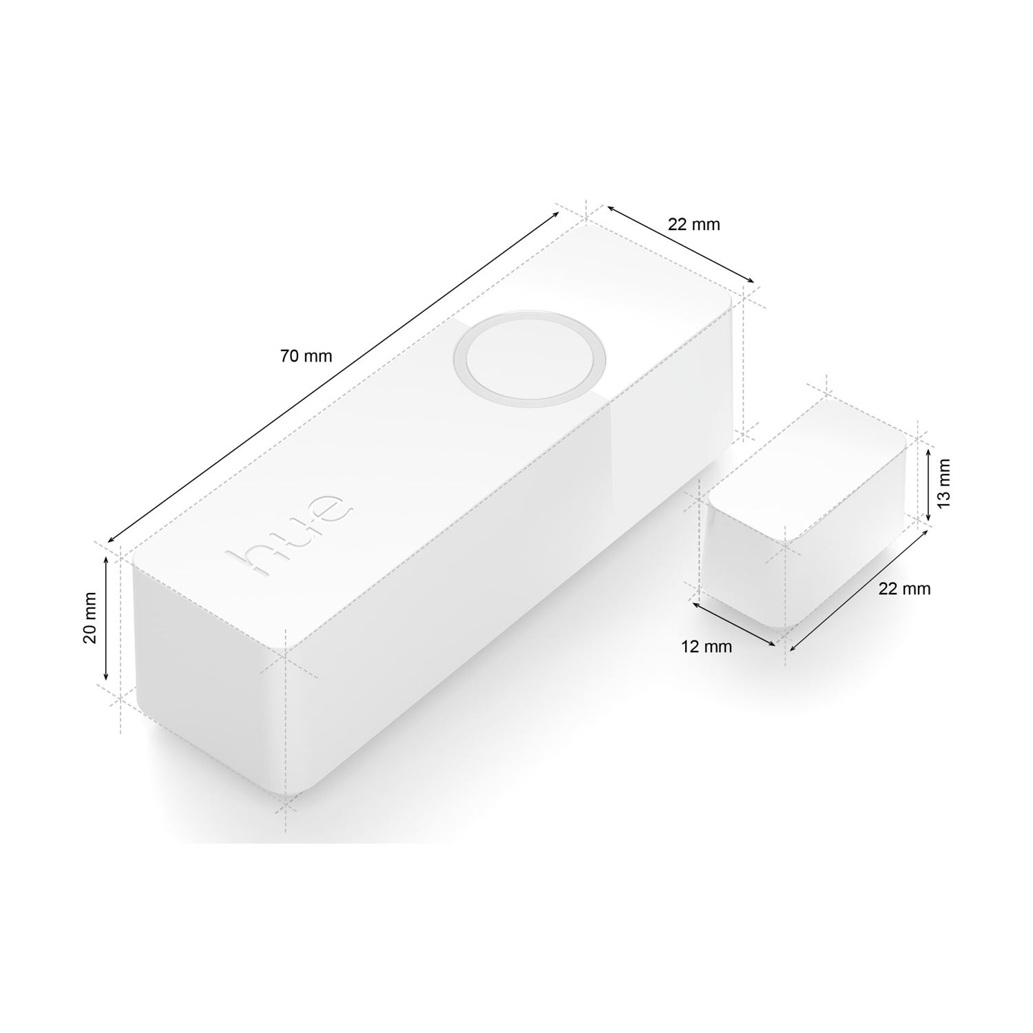 Un dispositivo rettangolare bianco con misure e un cubo più piccolo accanto. La parola "hue" è visibile. Le dimensioni sono indicate in mm.