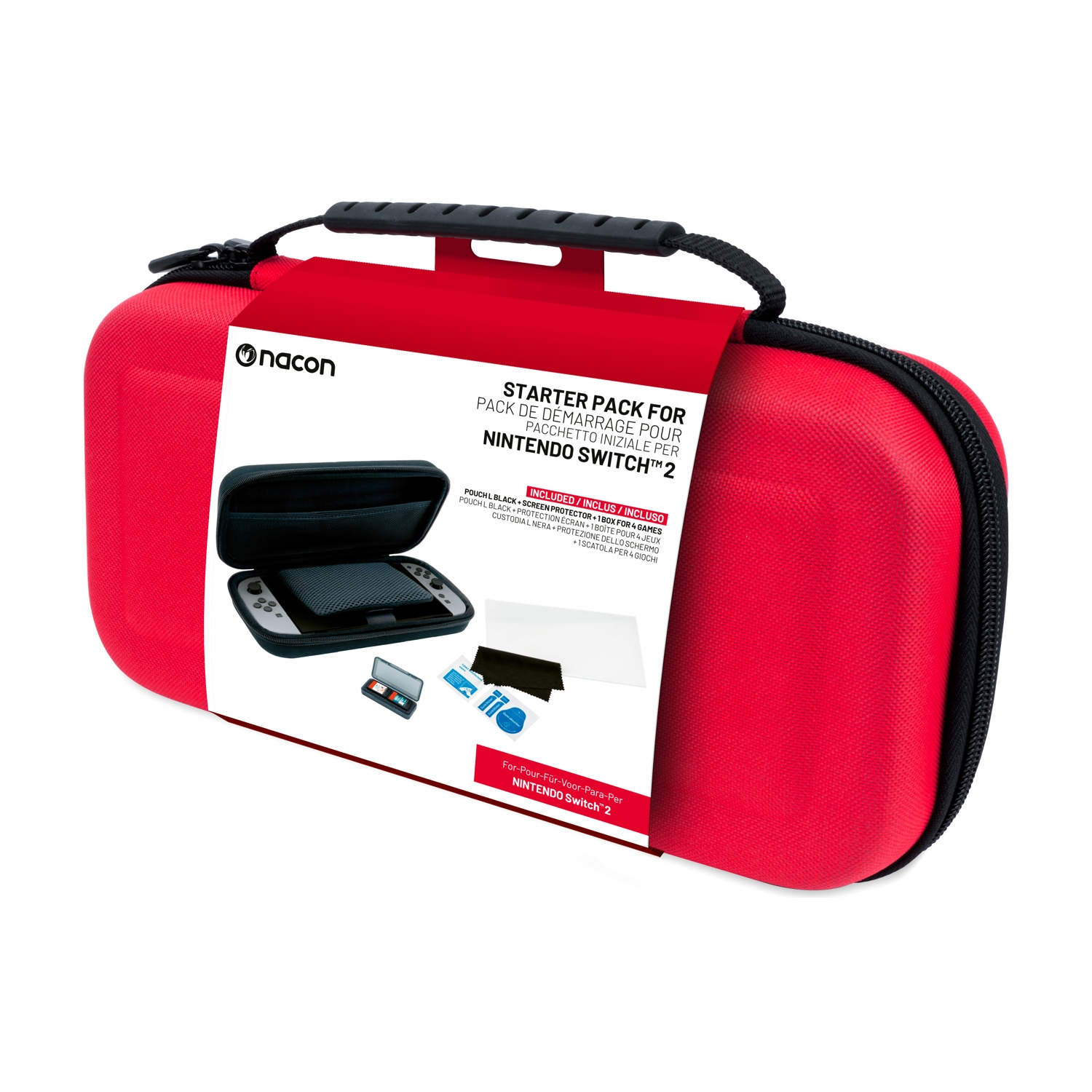 Custodia da trasporto rossa per Nintendo Switch 2, con adesivi ed etichetta starter pack.