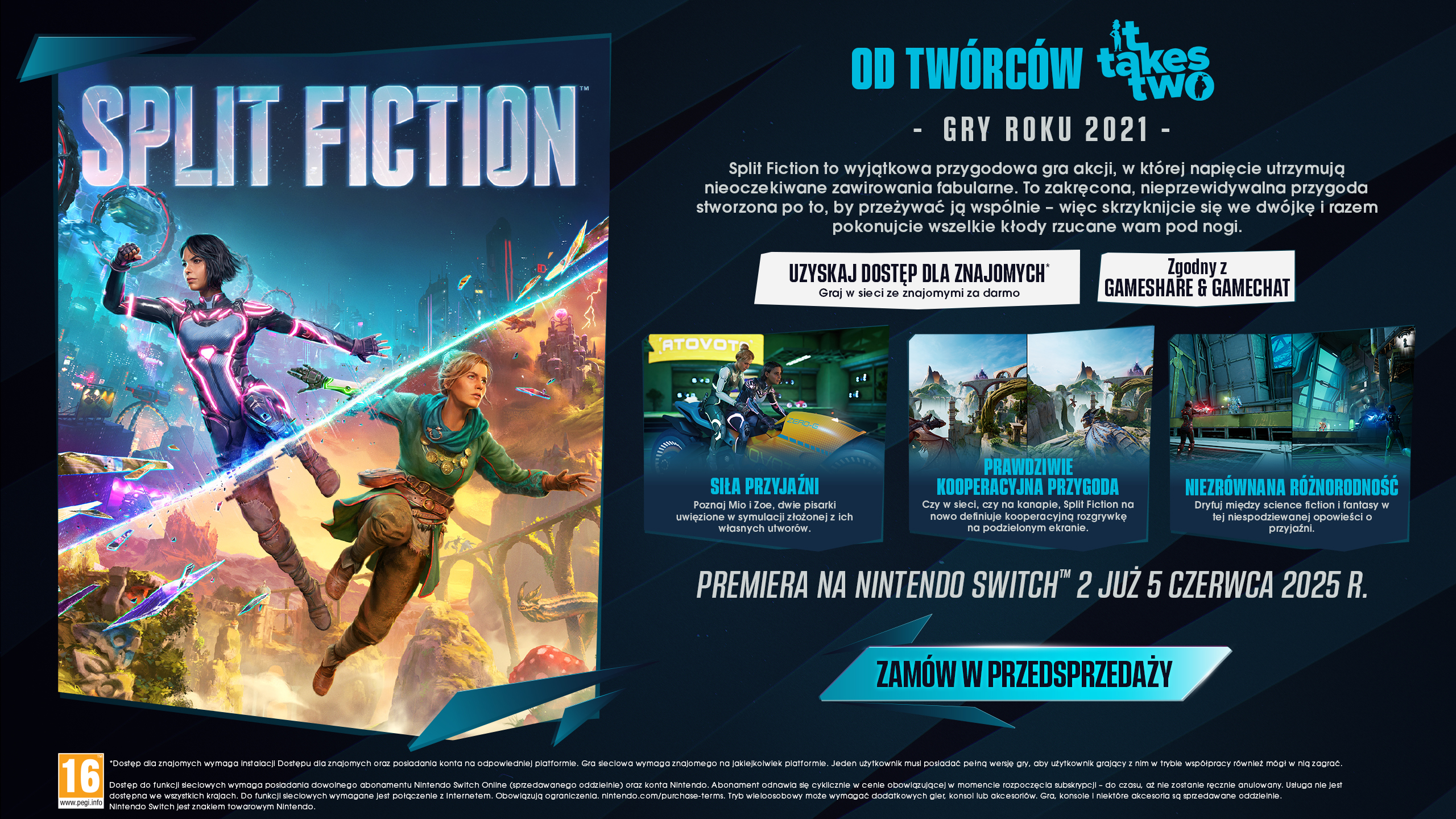 Obraz promocyjny gry. Dwie postacie stoją naprzeciwko siebie. Tytuł to Split Fiction.