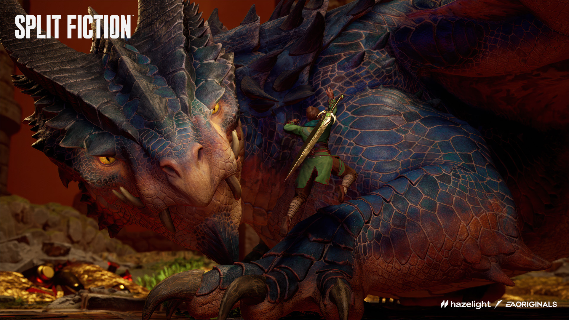 Postać walczy ze smokiem. Tytuł gry to Split Fiction.