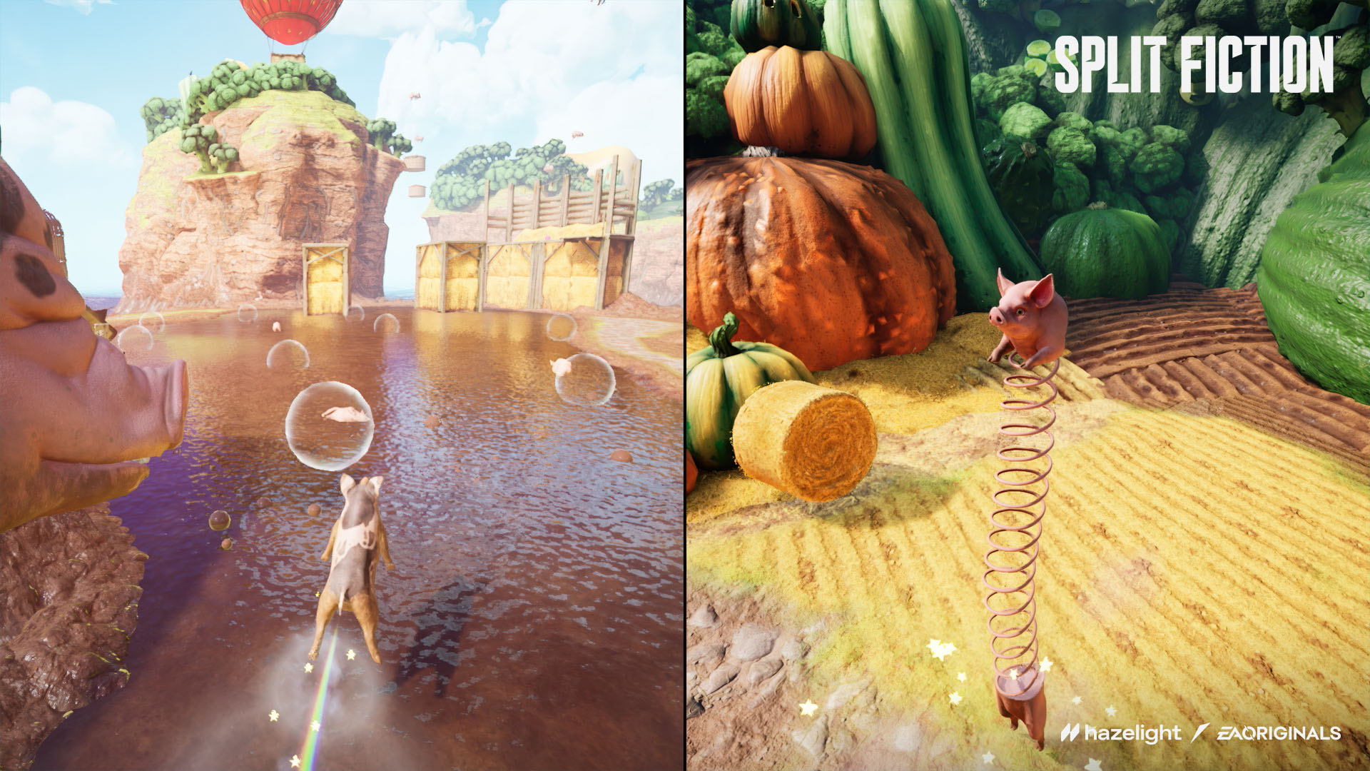 Dwie sceny z gry obok siebie. Świnia po lewej, świnia na sprężynie po prawej.