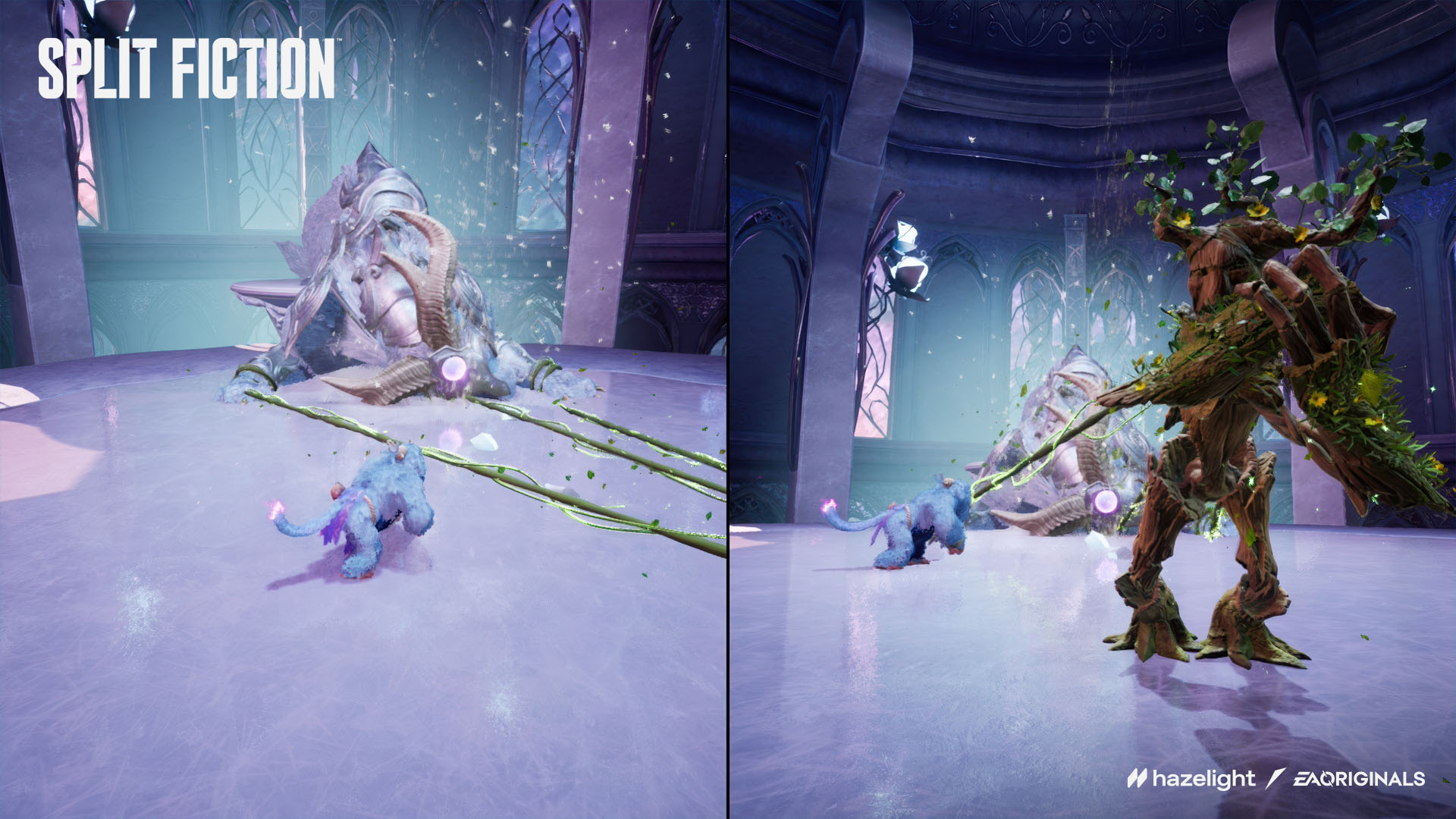 Dwie sceny z gry obok siebie. Postacie w scenerii fantasy. Tytuł: Split Fiction.
