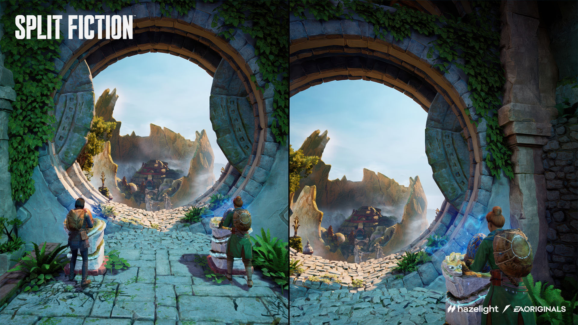 Dwie postacie przed bramą. W tle góry i miasto. Niebo jest niebieskie.