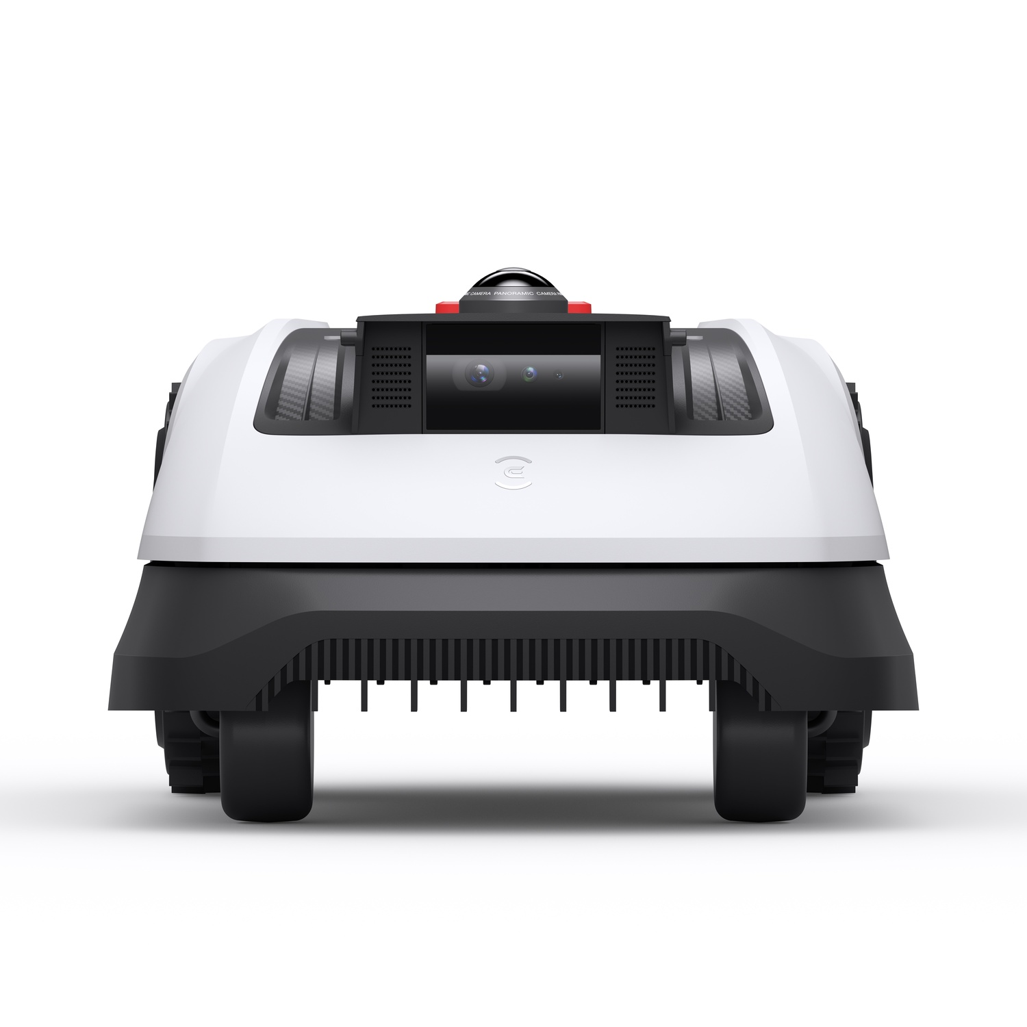 Un dispositivo robotico bianco e nero, probabilmente per uso esterno, con telecamere e sensori. Ha ruote e un profilo basso, su sfondo bianco.